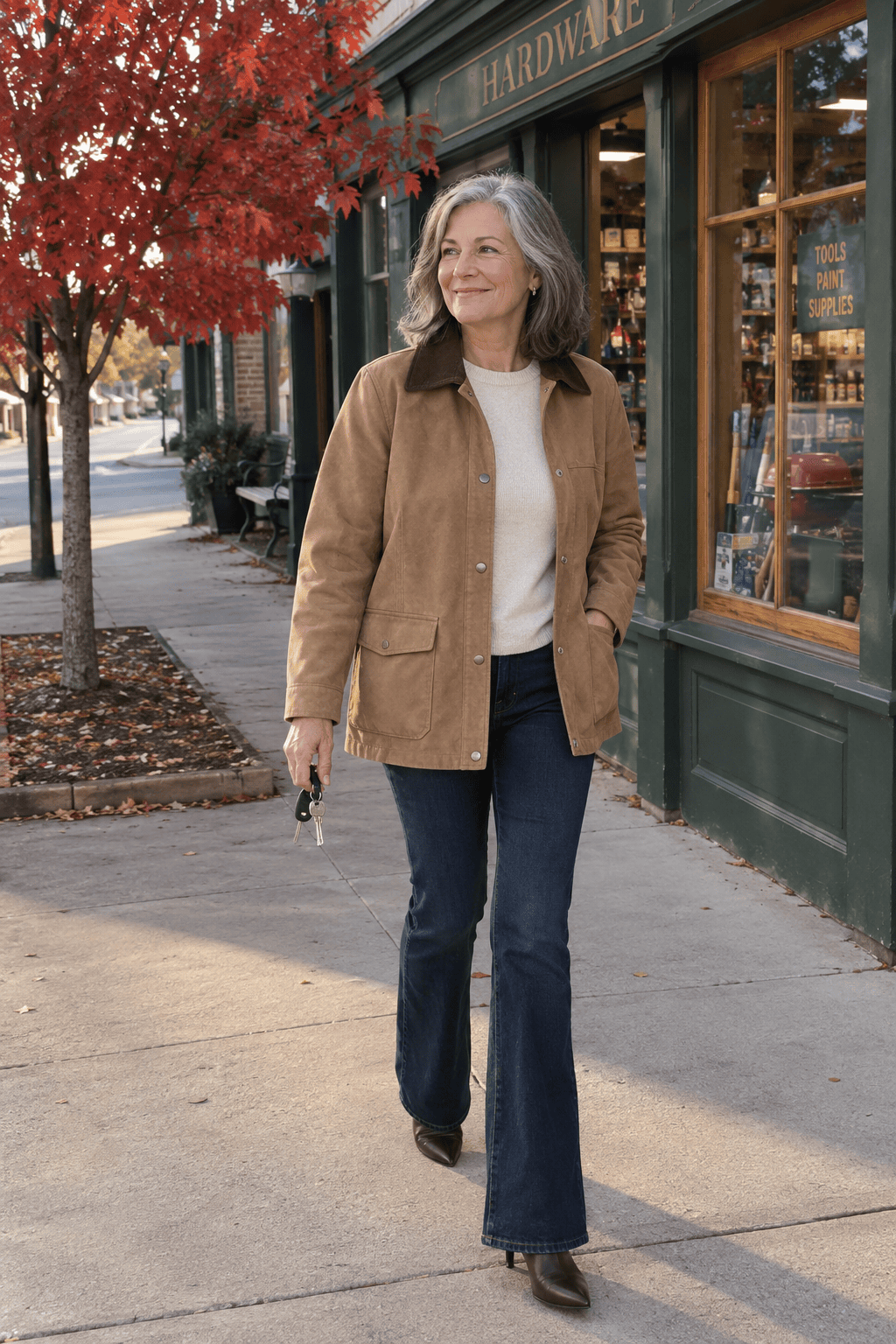timeless casual dinner outfit for women over 60: tan suede barn jacket, cream cashmere sweater, dark bootcut jeans and brown ankle booties