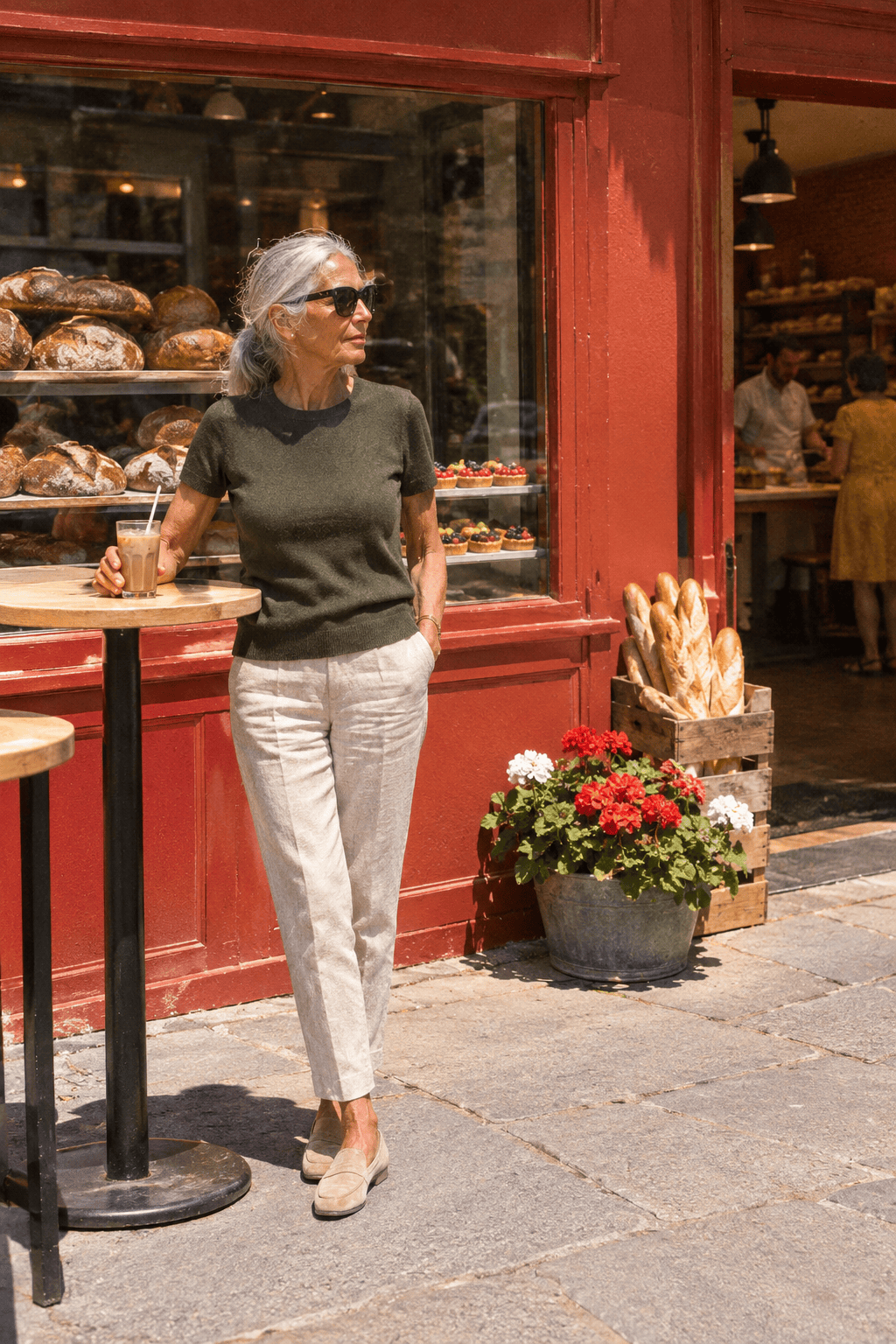 petite summer lunch outfit for a woman in her 70s: dark olive short-sleeve sweater tee, flax linen ankle trousers and almond suede loafers