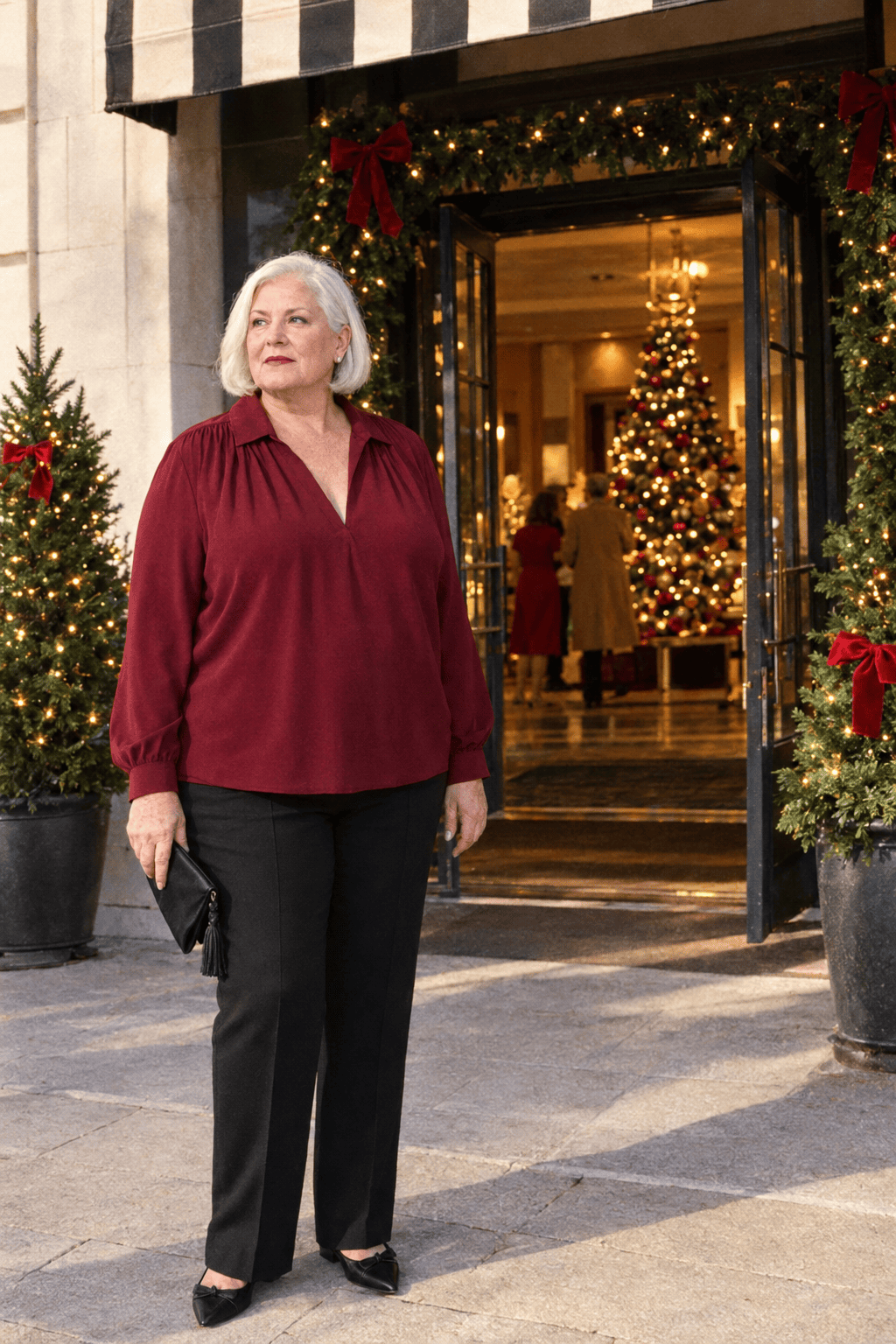 plus size holiday party outfit for women in their 70s: wine red long-sleeve jersey blouse with a collar and V neckline, black straight-leg trousers, black pointed flats and a black satin clutch