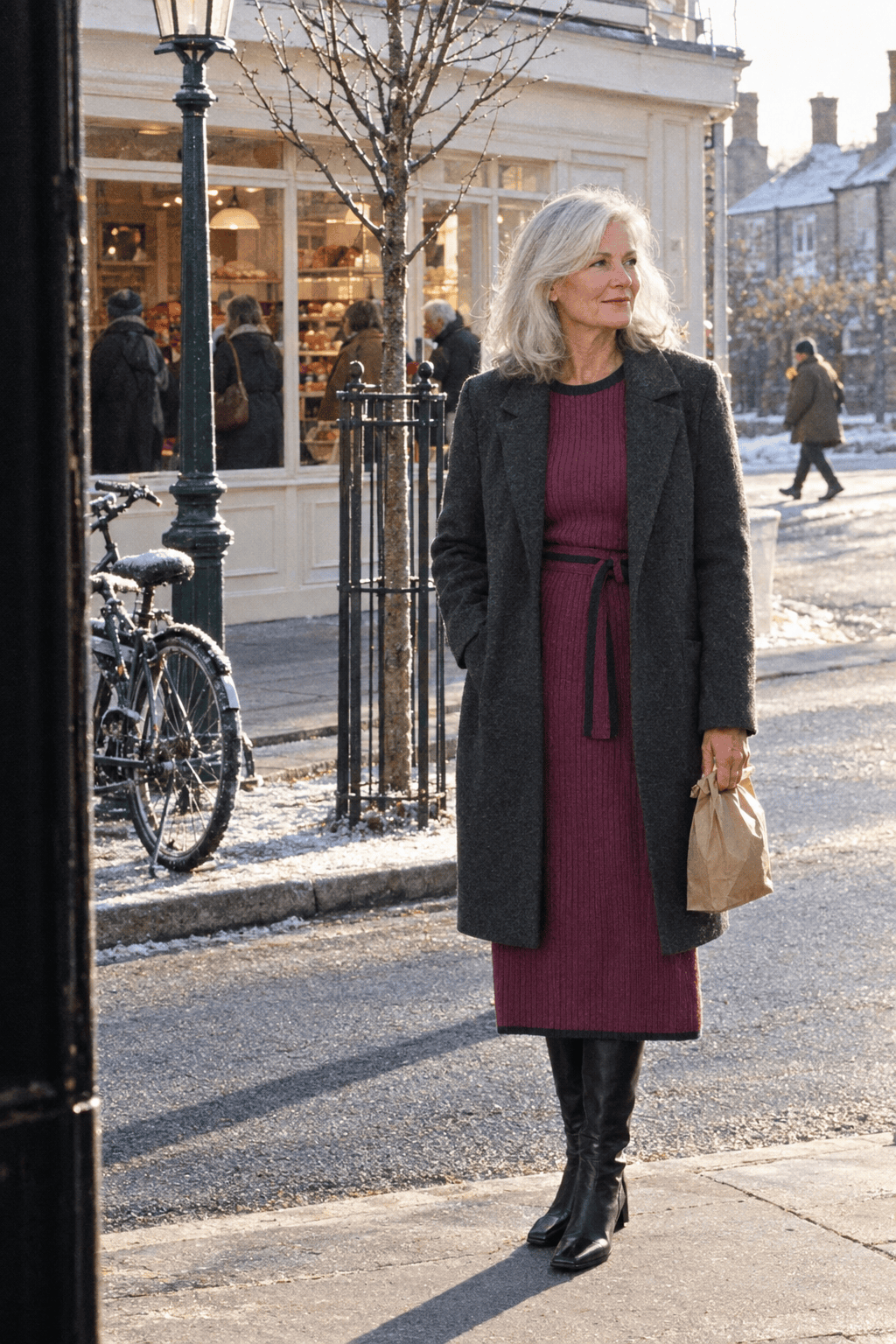 daytime winter wedding mother of the groom outfit: berry ribbed knit midi dress with navy trim under a knee-length charcoal wool coat with black knee-high boots