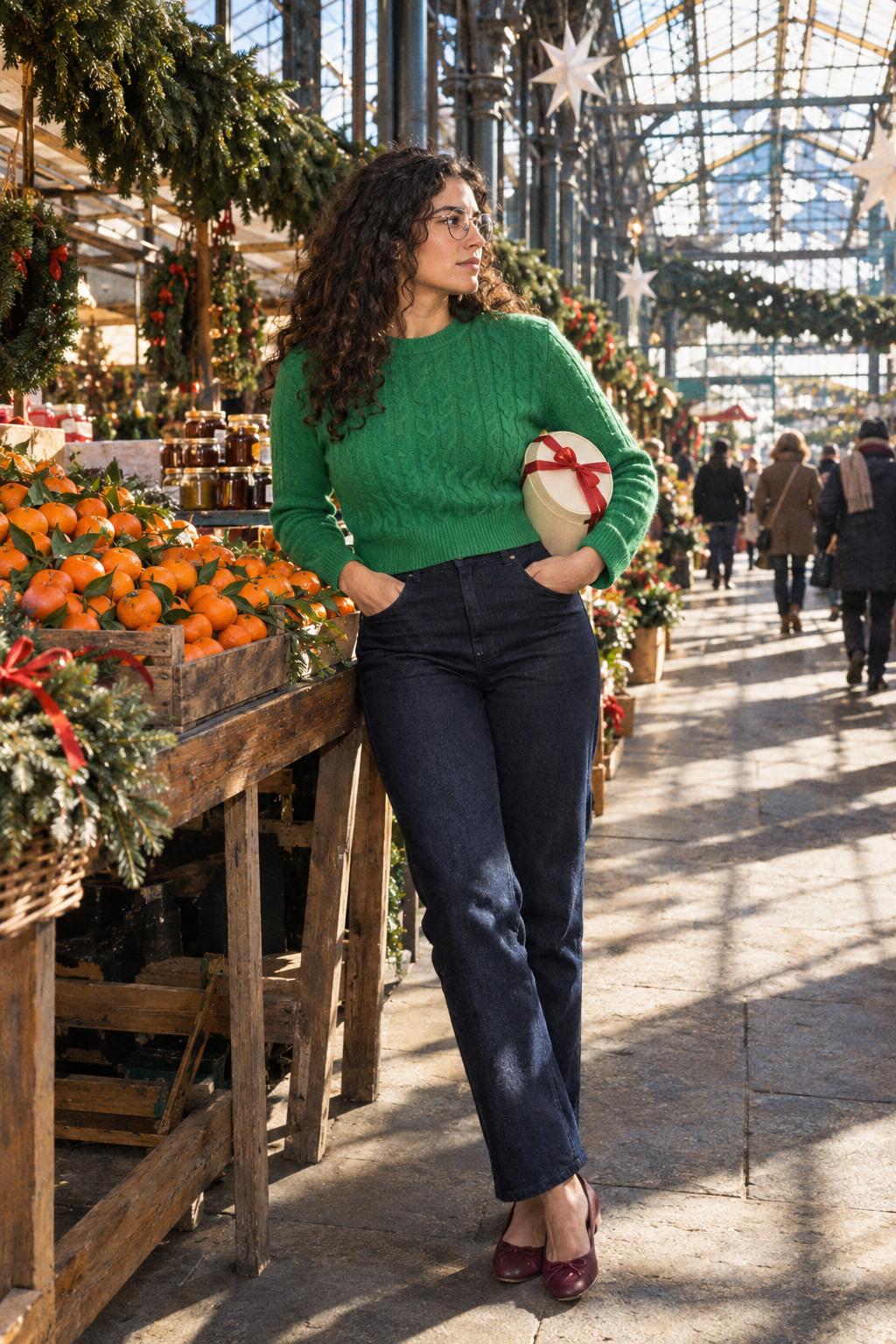 casual christmas party outfit: bright kelly green cable-knit cashmere crewneck, navy straight-leg jeans and burgundy leather ballet flats
