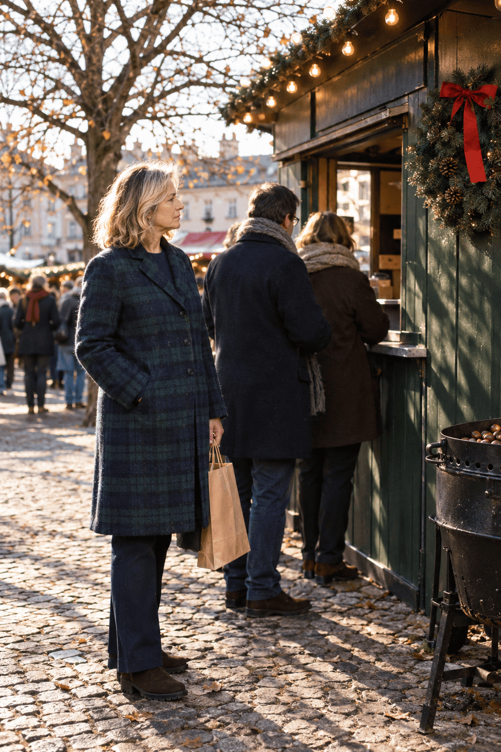 christmas market outfit with a navy and green check wool coat, navy crewneck sweater, navy trousers and dark brown suede lug-sole loafer boots