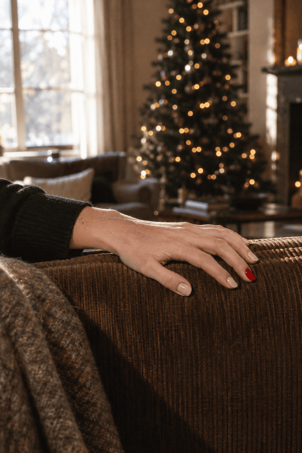 short nude nails with one bright red accent nail on the ring finger, simple Christmas nails
