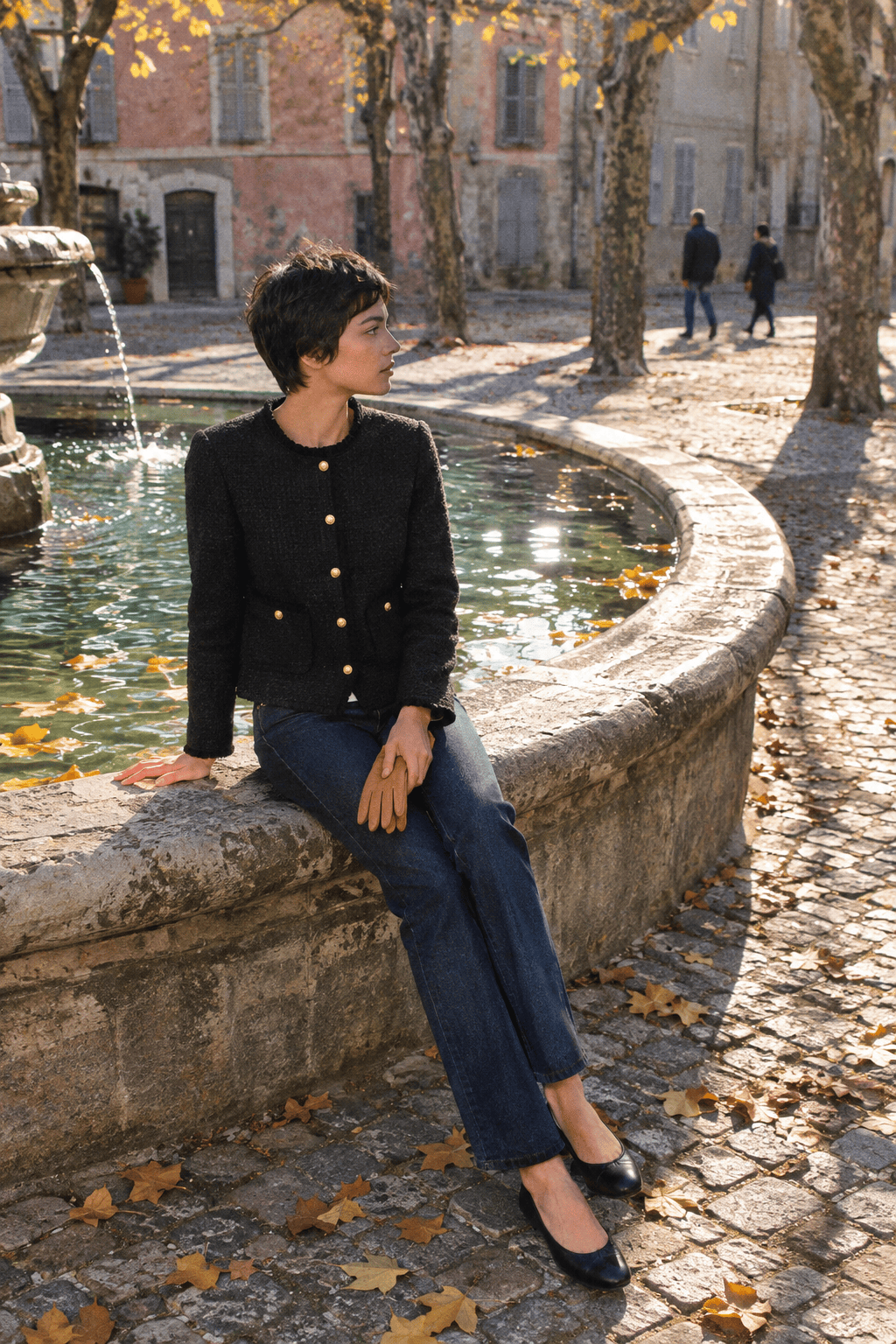 Old money brands for women: Sandro black tweed jacket with straight jeans