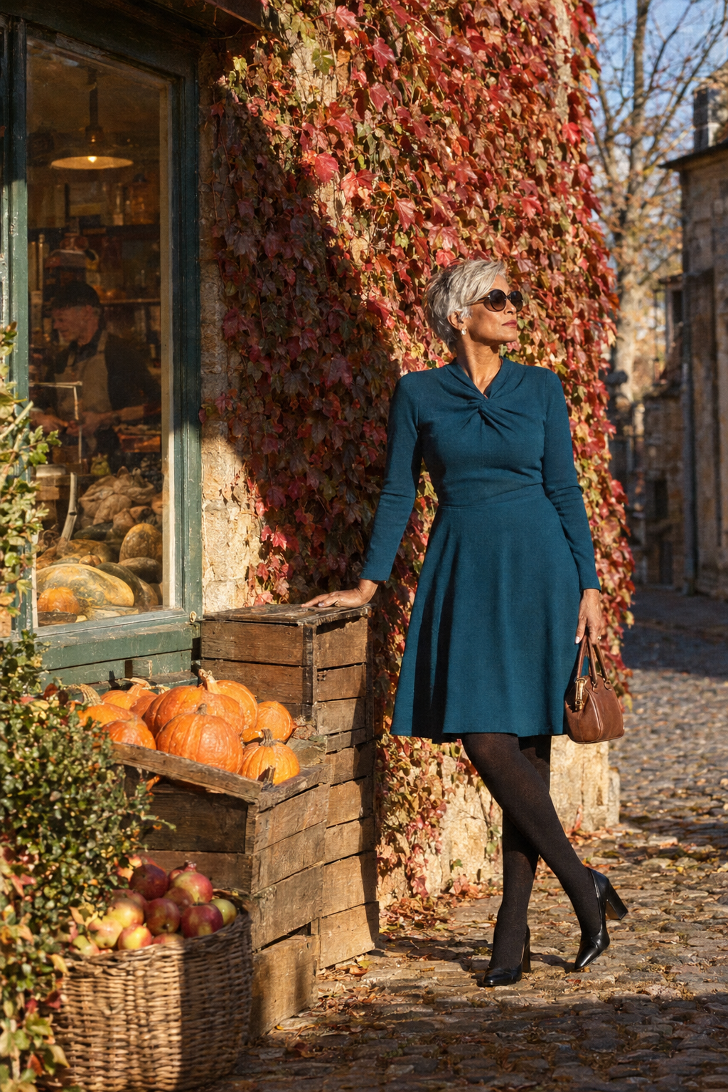 women over 60 thanksgiving outfit: deep teal fit-and-flare dress with black tights and block-heel pumps