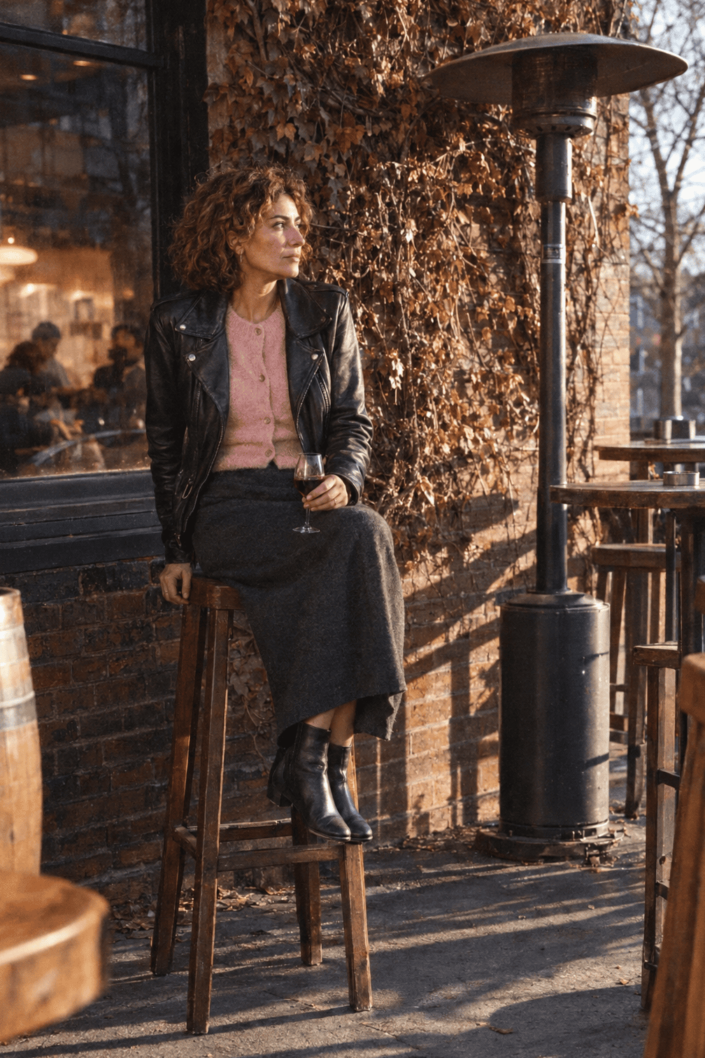 winter date night outfit: black leather biker jacket over a blush cashmere cardigan with a charcoal cashmere midi skirt and black Chelsea boots