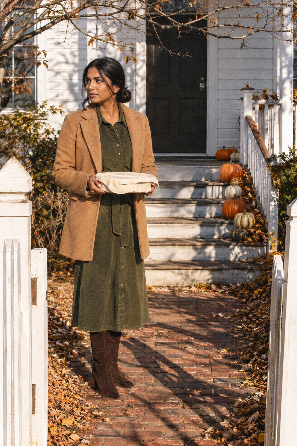 Friendsgiving outfit idea: olive corduroy belted midi shirt dress, camel wool coat and dark brown suede knee boots