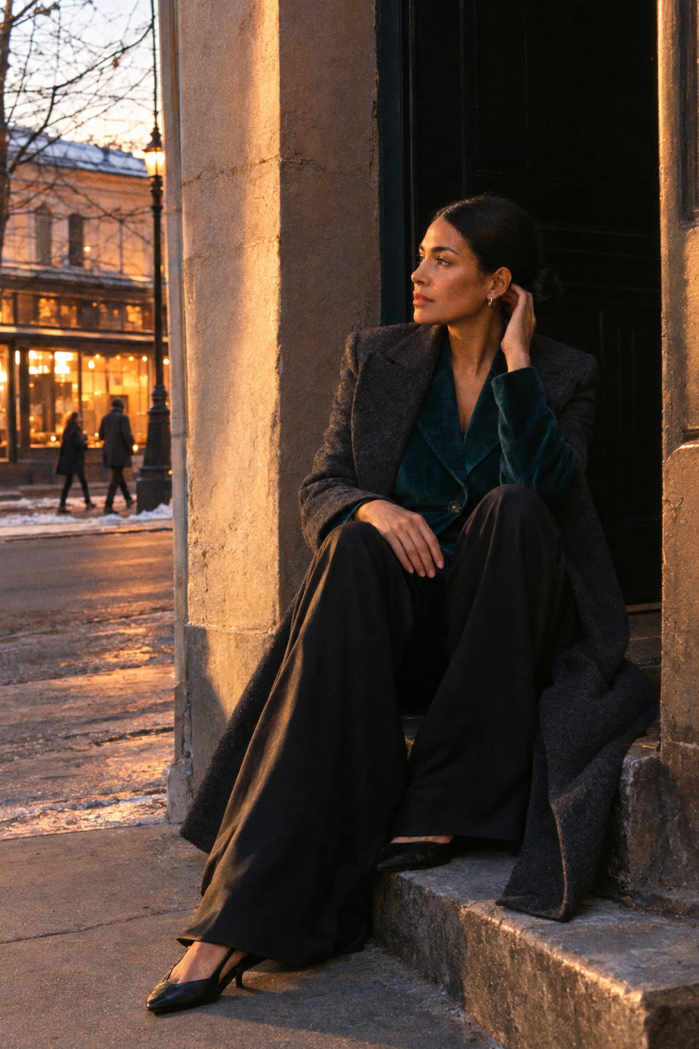 upscale restaurant winter outfit: teal velvet blazer, black silk palazzo trousers, black kitten-heel slingbacks and a long charcoal wool coat