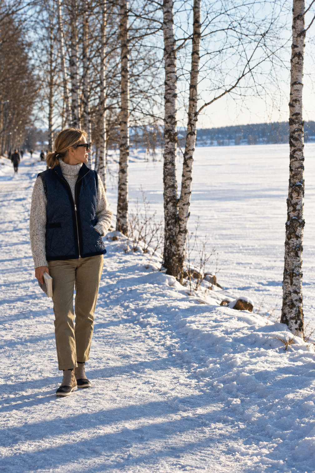 snow outfits for women: navy quilted vest, speckled oat chunky turtleneck, khaki twill trousers and taupe waterproof Sorel boots on a snowy lakeside path
