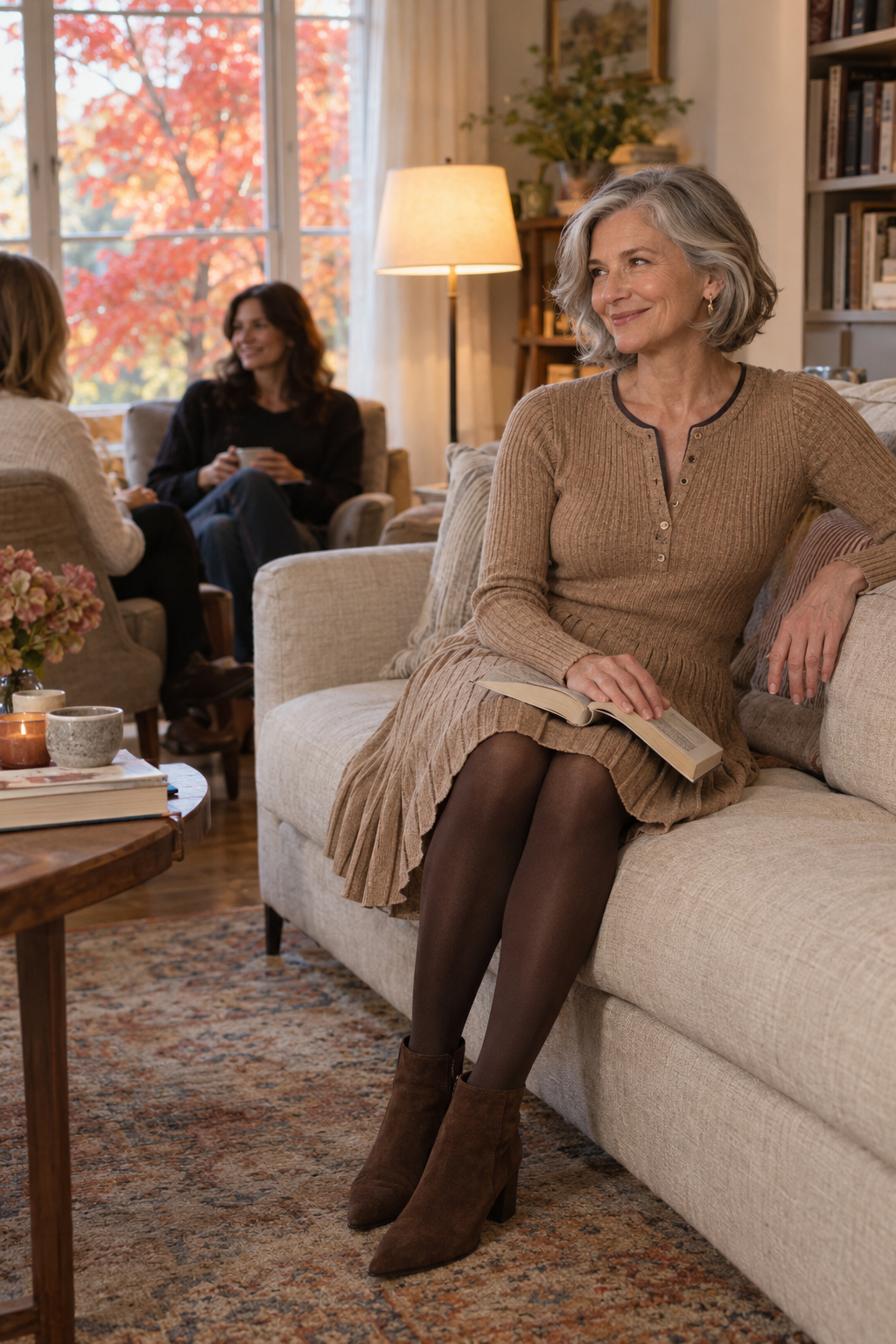 petite fall outfit for women over 60: belted camel rib-knit sweater dress with espresso tights and brown suede ankle boots