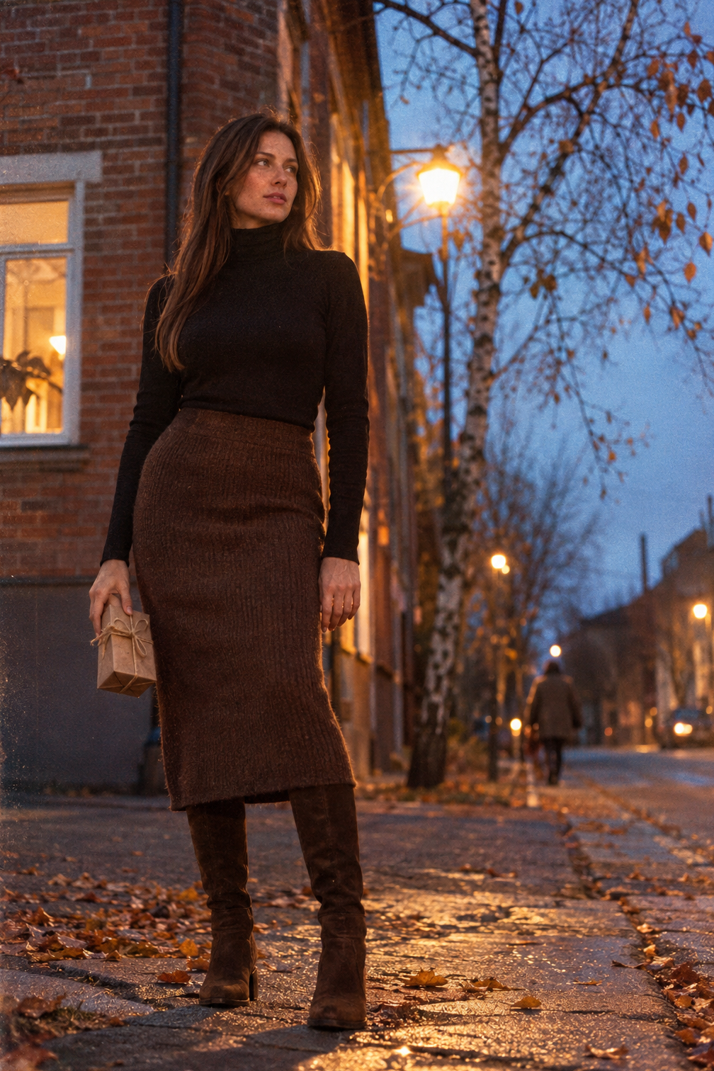dinner party outfit ideas for guests: black turtleneck bodysuit with a chocolate brown knit midi skirt and dark brown suede knee-high boots
