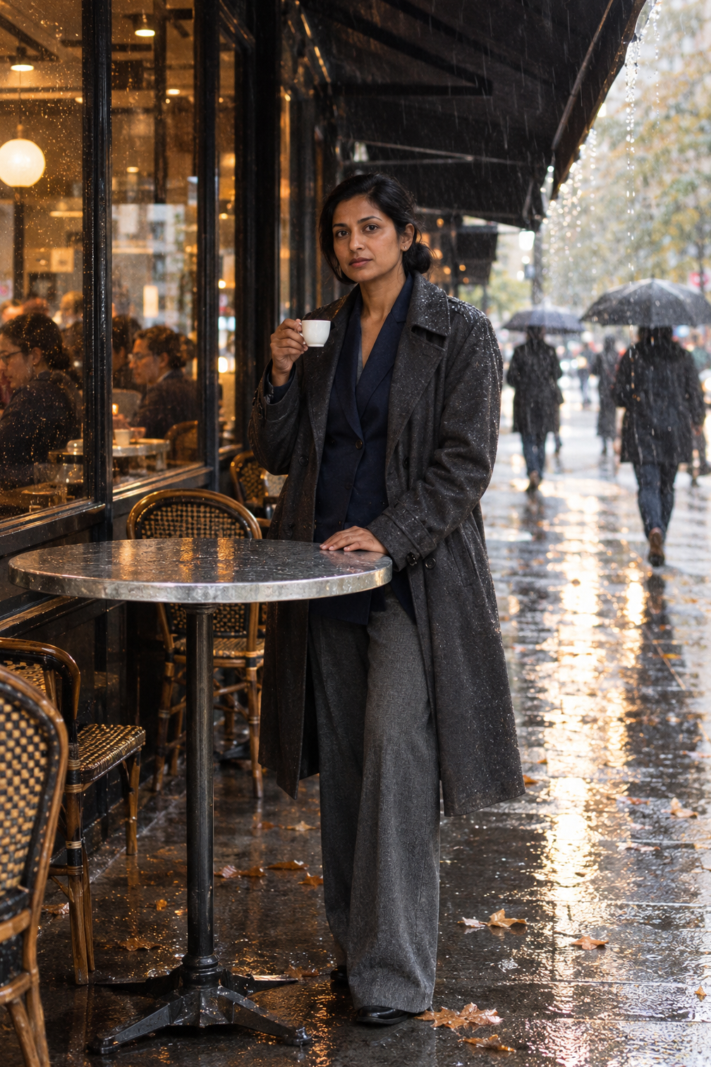 business formal rainy day outfit for work: charcoal insulated trench over a navy ponte blazer with dark gray heather wide-leg trousers