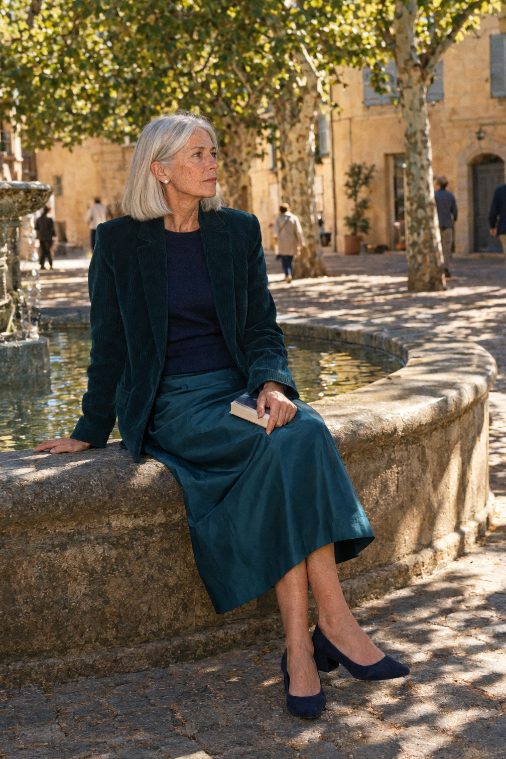 early fall mother of the groom skirt suit outfit over 60: midnight teal cord blazer, teal taffeta midi skirt and navy cashmere shell