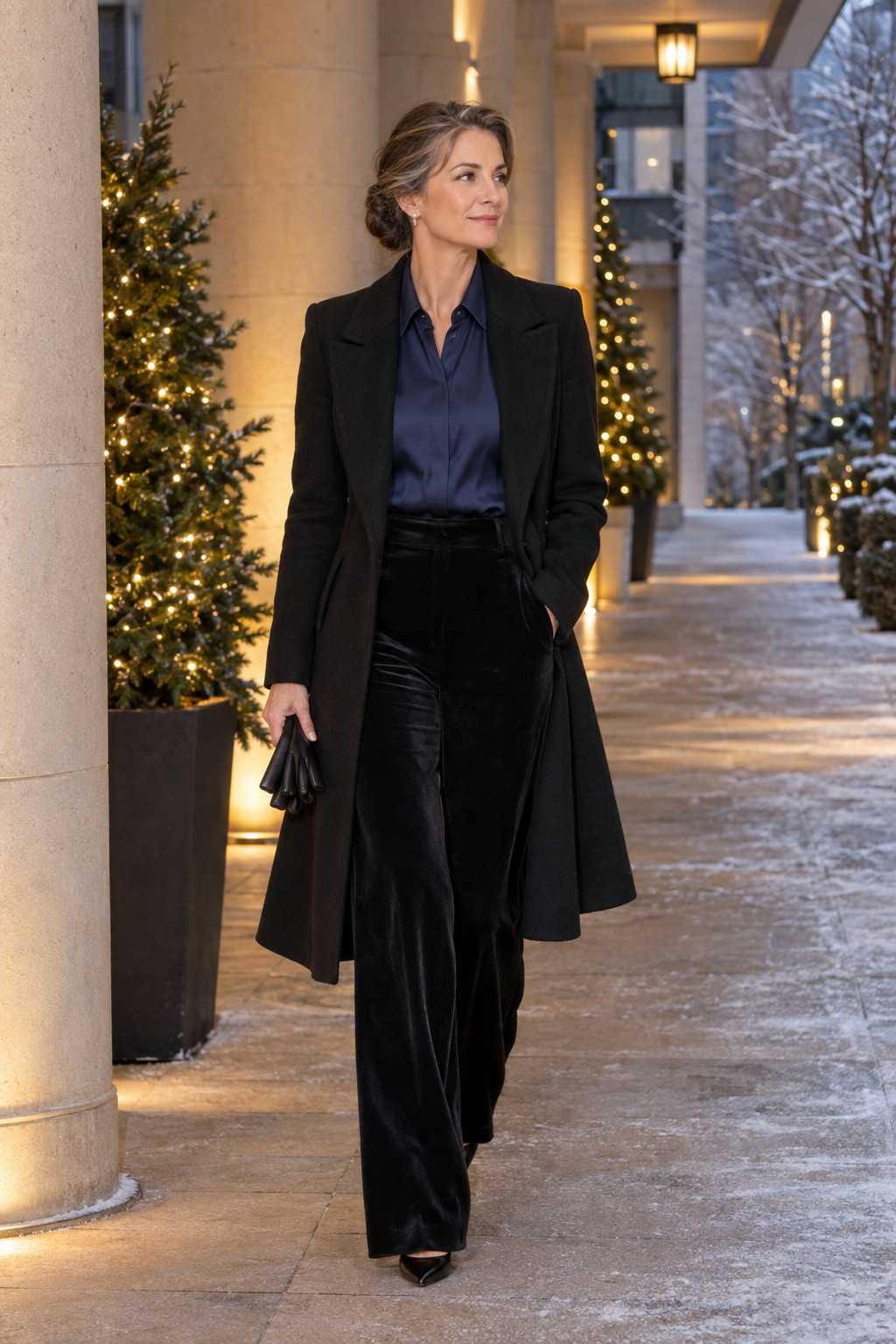 elegant new years eve dinner outfit: navy silk button-up shirt tucked into black velvet wide-leg pants with a long fitted black wool coat