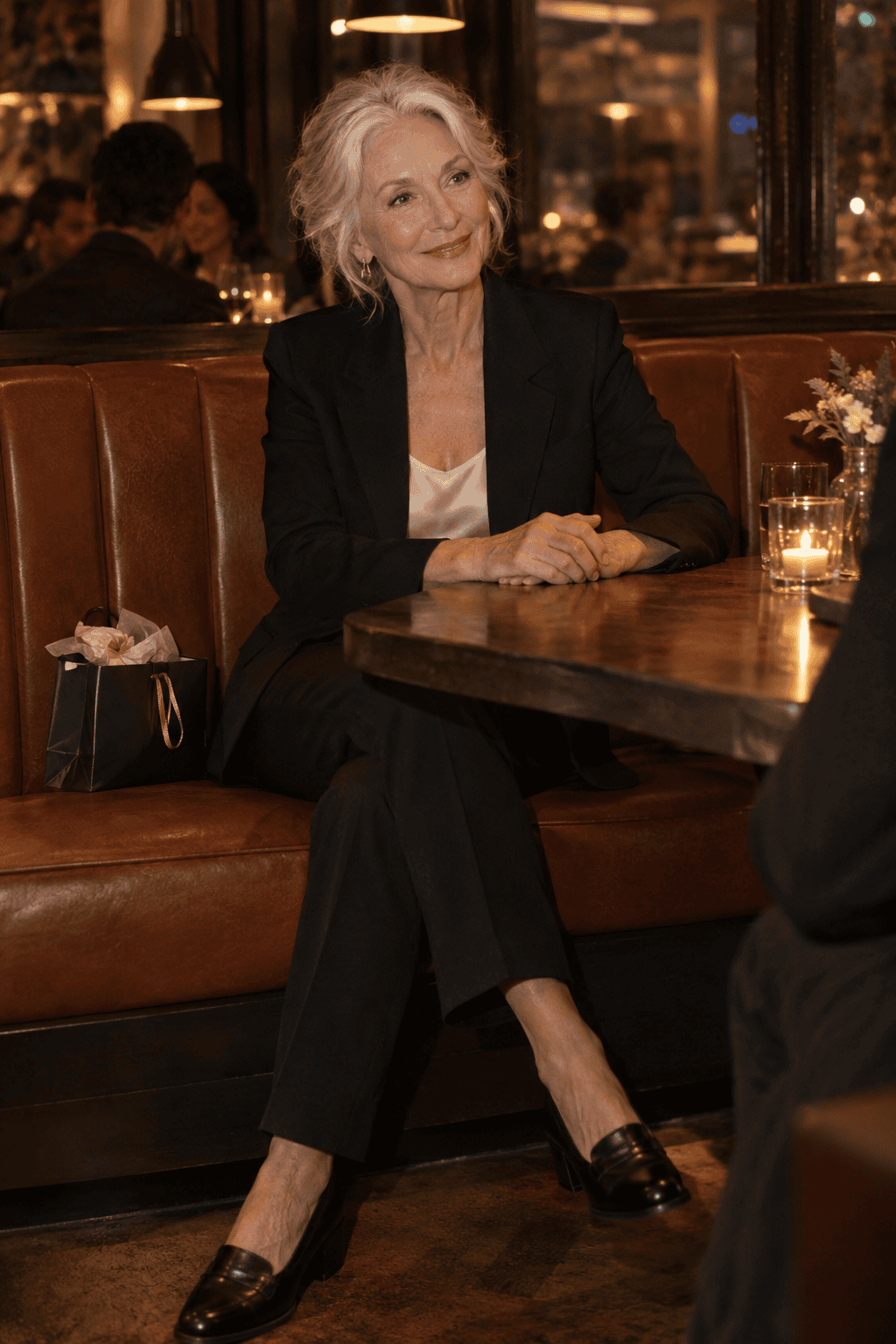 elegant spring outfit for women in their 70s: matching black ponte blazer and trouser set