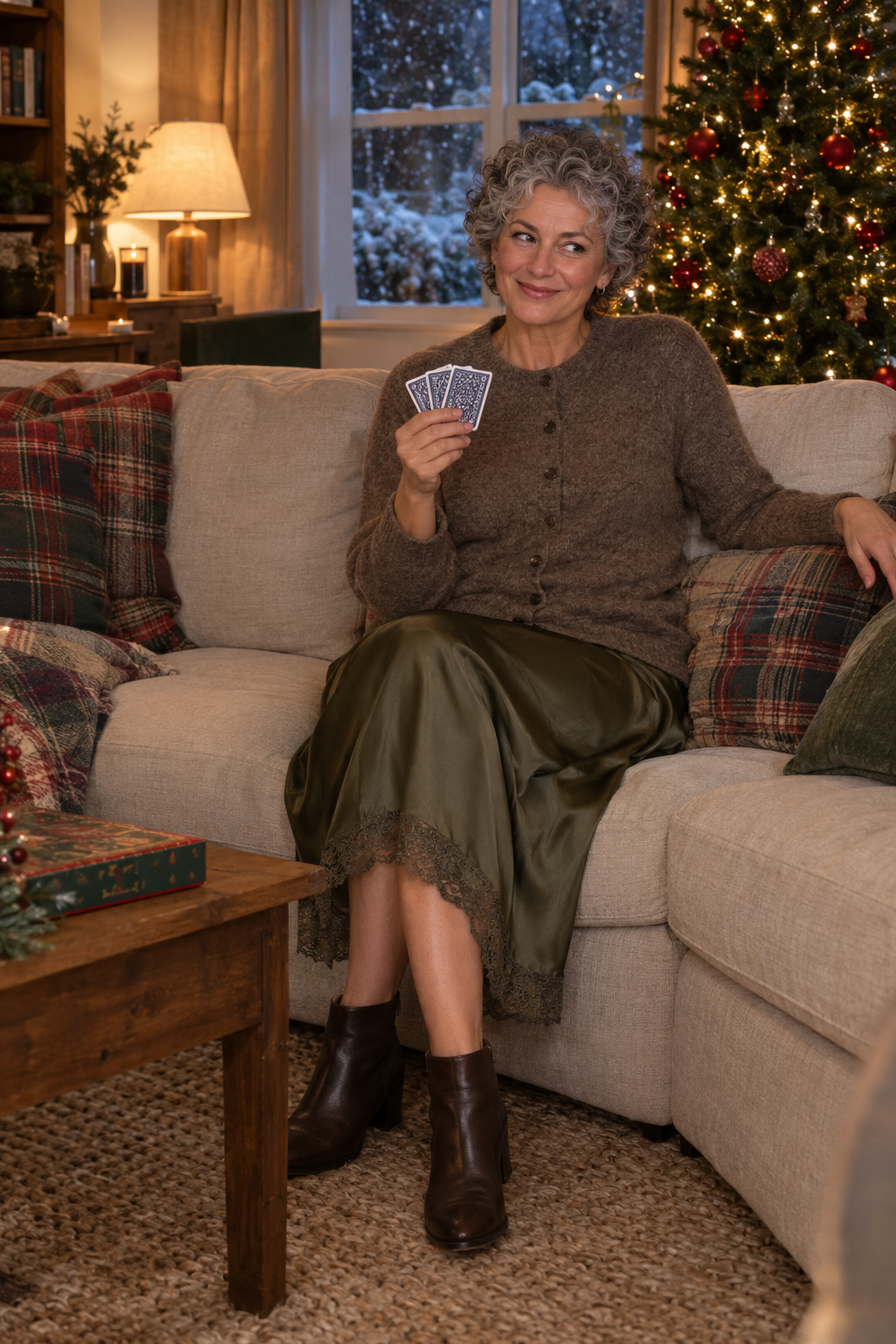 casual christmas dinner outfit for women over 50: camel alpaca cardigan buttoned as a top with olive satin slip midi skirt and brown booties