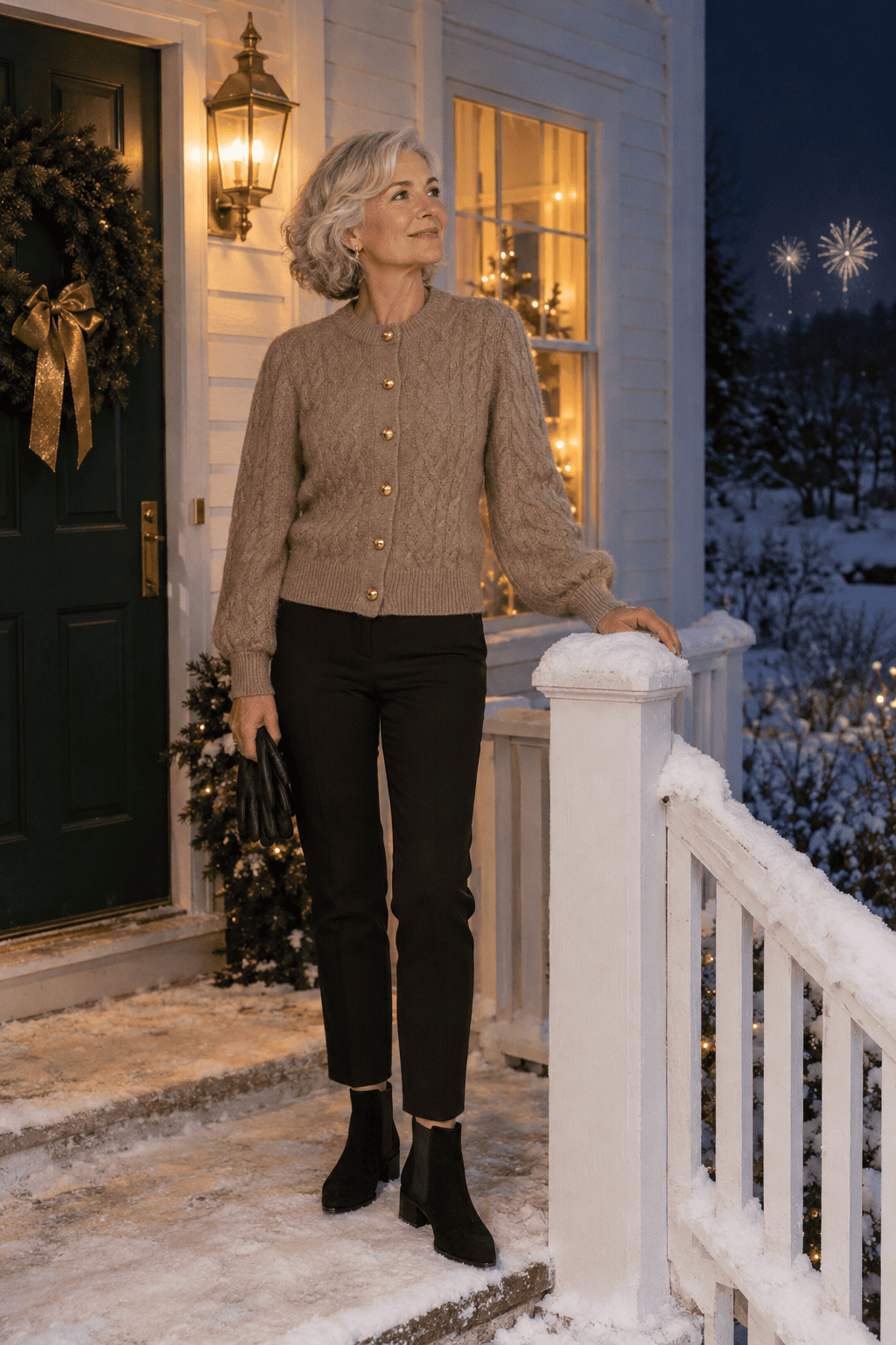 outdoor new years eve outfit for women over 60: wheat cashmere cardigan with slim black ankle trousers and black suede Chelsea boots at night