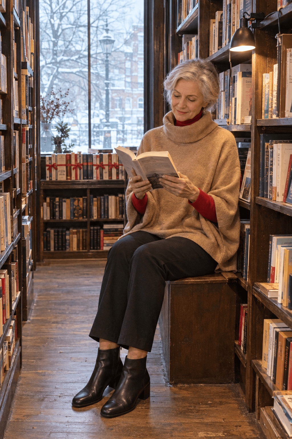 matinee outfit for women over 60: camel merino-cashmere poncho over a red cashmere turtleneck with slim black trousers and black leather ankle boots