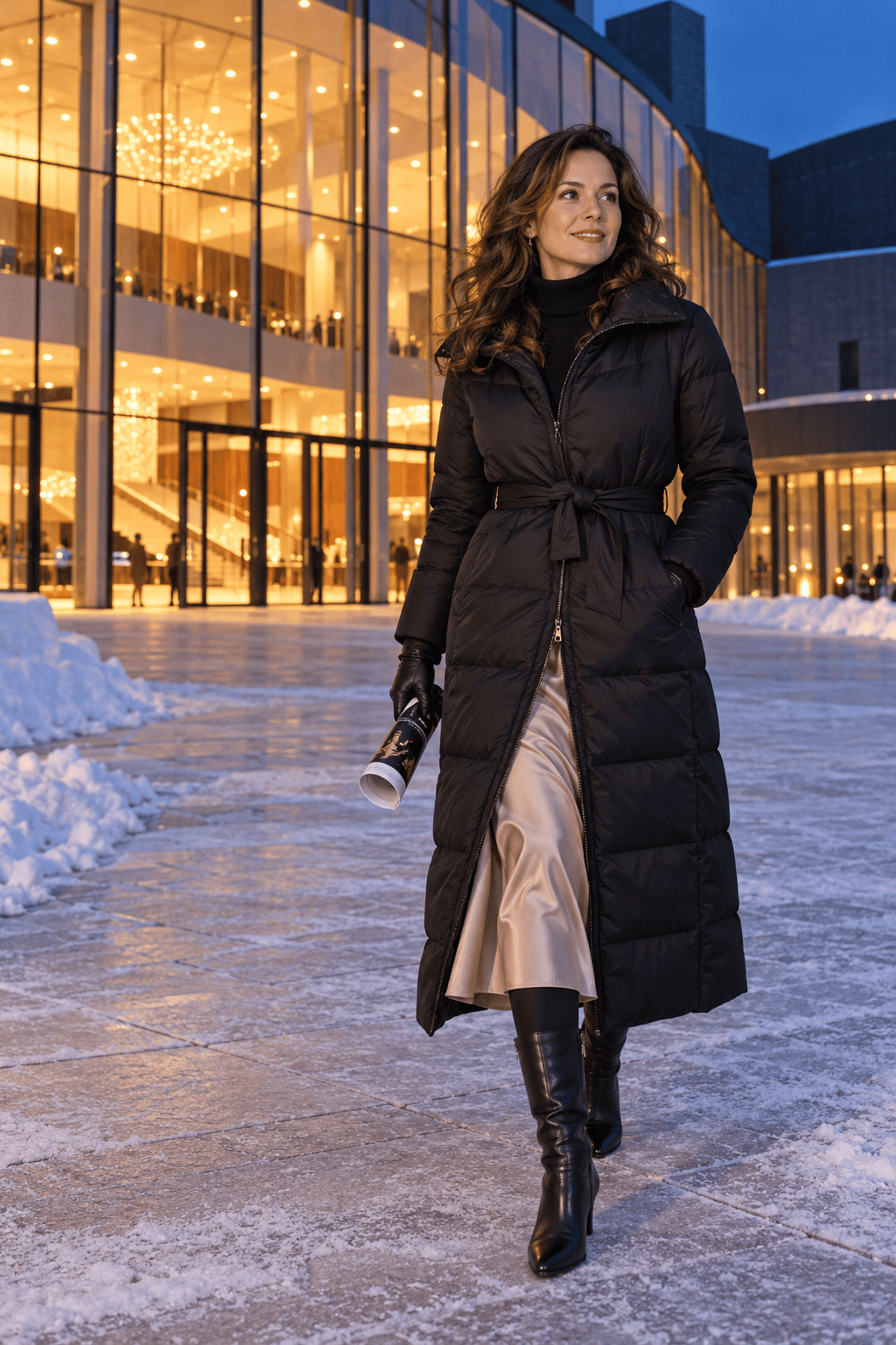 theater evening winter outfit: belted black down maxi coat over a black cashmere turtleneck, champagne satin midi skirt and black leather knee boots