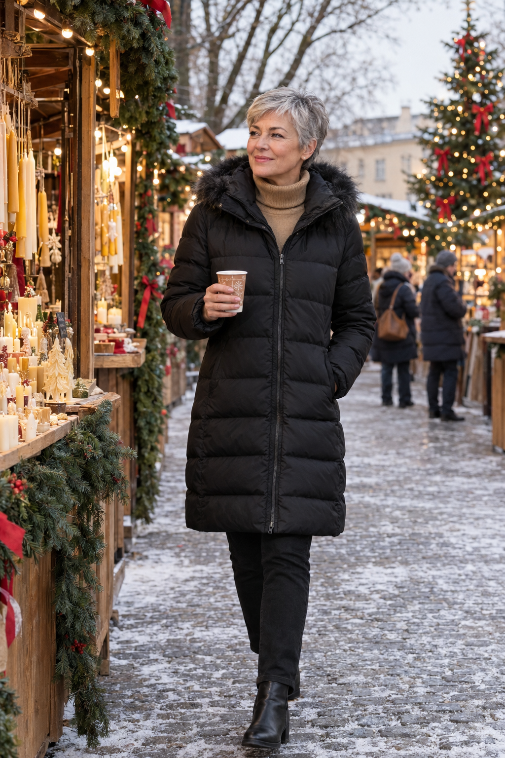 winter casual outfit for women over 60: knee-length black down puffer coat over a camel cashmere turtleneck with slim black jeans and black waterproof leather ankle boots
