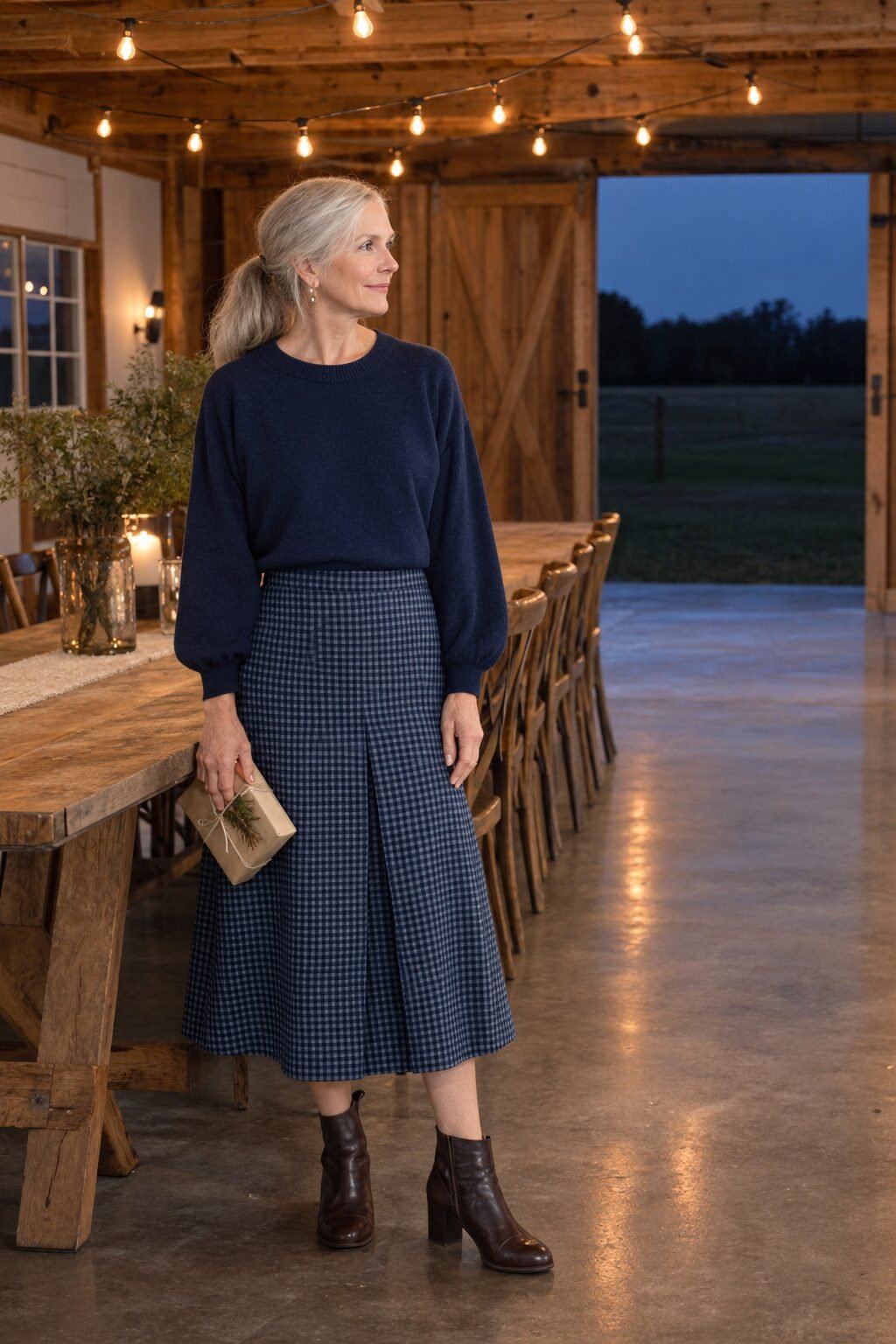 farm-to-table rehearsal dinner outfit for women over 50: navy check A-line midi skirt with a navy crewneck sweater and dark brown block-heel ankle boots