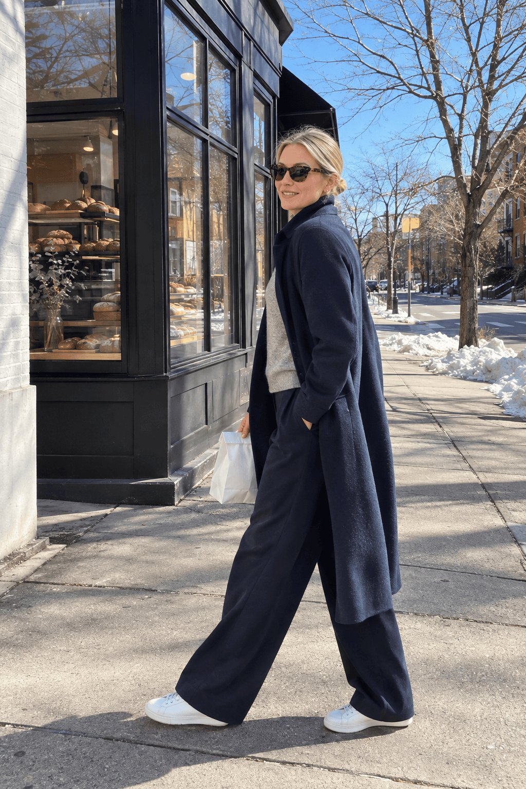 weekend brunch winter outfit: navy funnel-neck wool coat, heather grey cashmere crewneck, navy wide-leg trousers and white leather sneakers