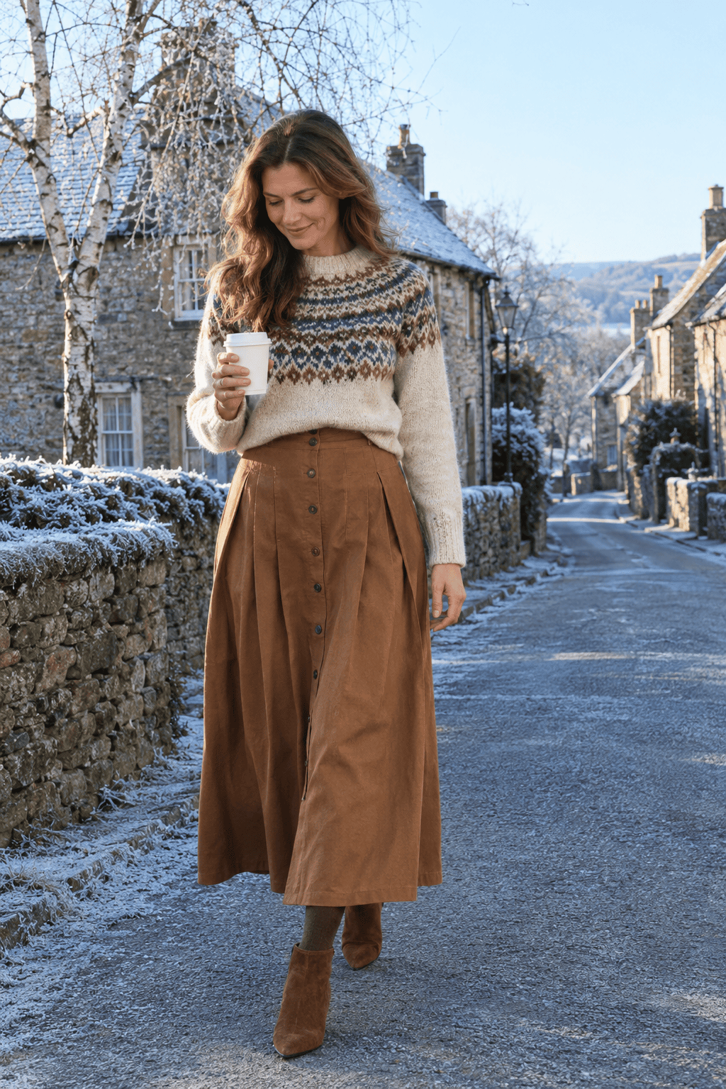 maxi skirt outfit for winter weekends: caramel-brown pleated maxi skirt with a cream Fair Isle ragg wool sweater and brown suede ankle boots