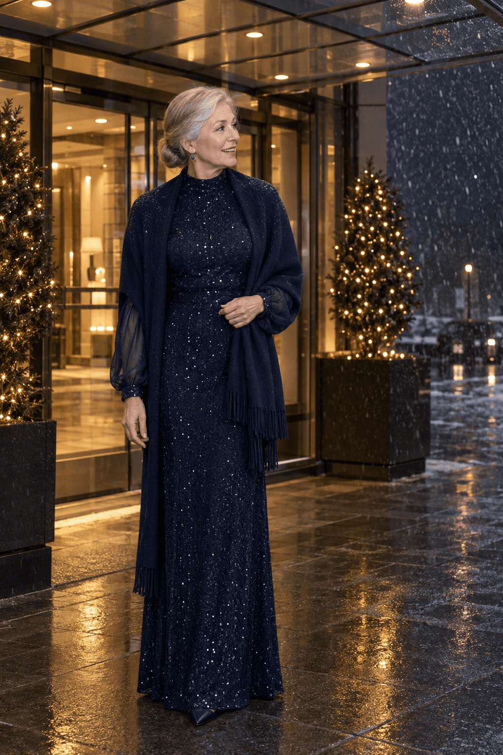 mother of the bride black-tie winter wedding outfit: midnight navy sequin long-sleeve high-neck gown, navy cashmere wrap over the shoulders and navy leather pumps