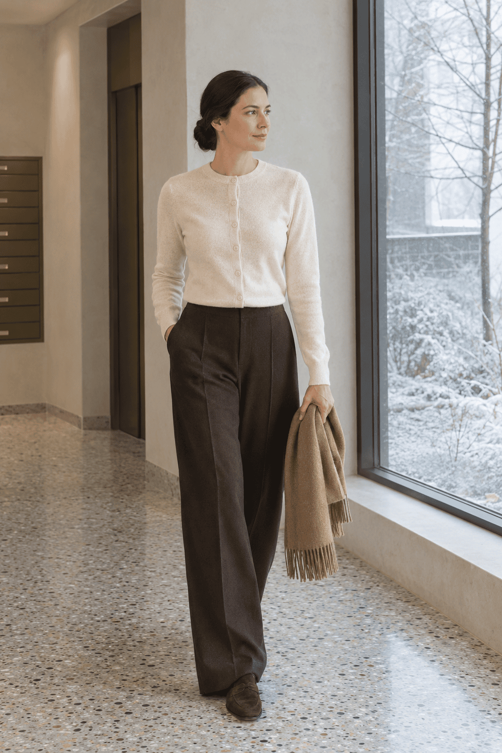 cream and chocolate winter weekend outfit: buttoned cream merino cardigan, dark brown wide-leg trousers and chocolate suede loafers