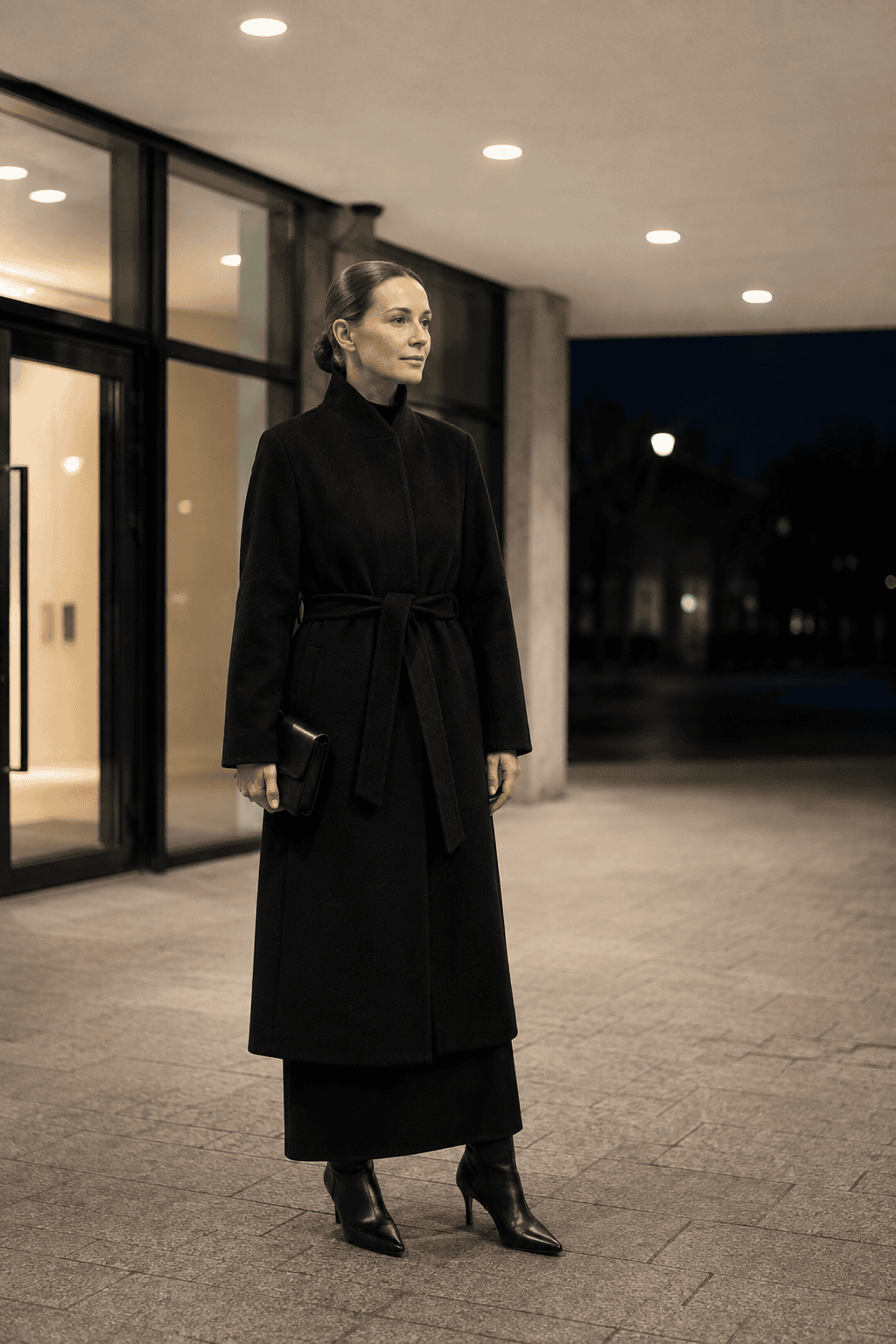 all-black long black coat outfit: belted black wool coat over a narrow black long-sleeve maxi column dress and black heeled boots on a winter night
