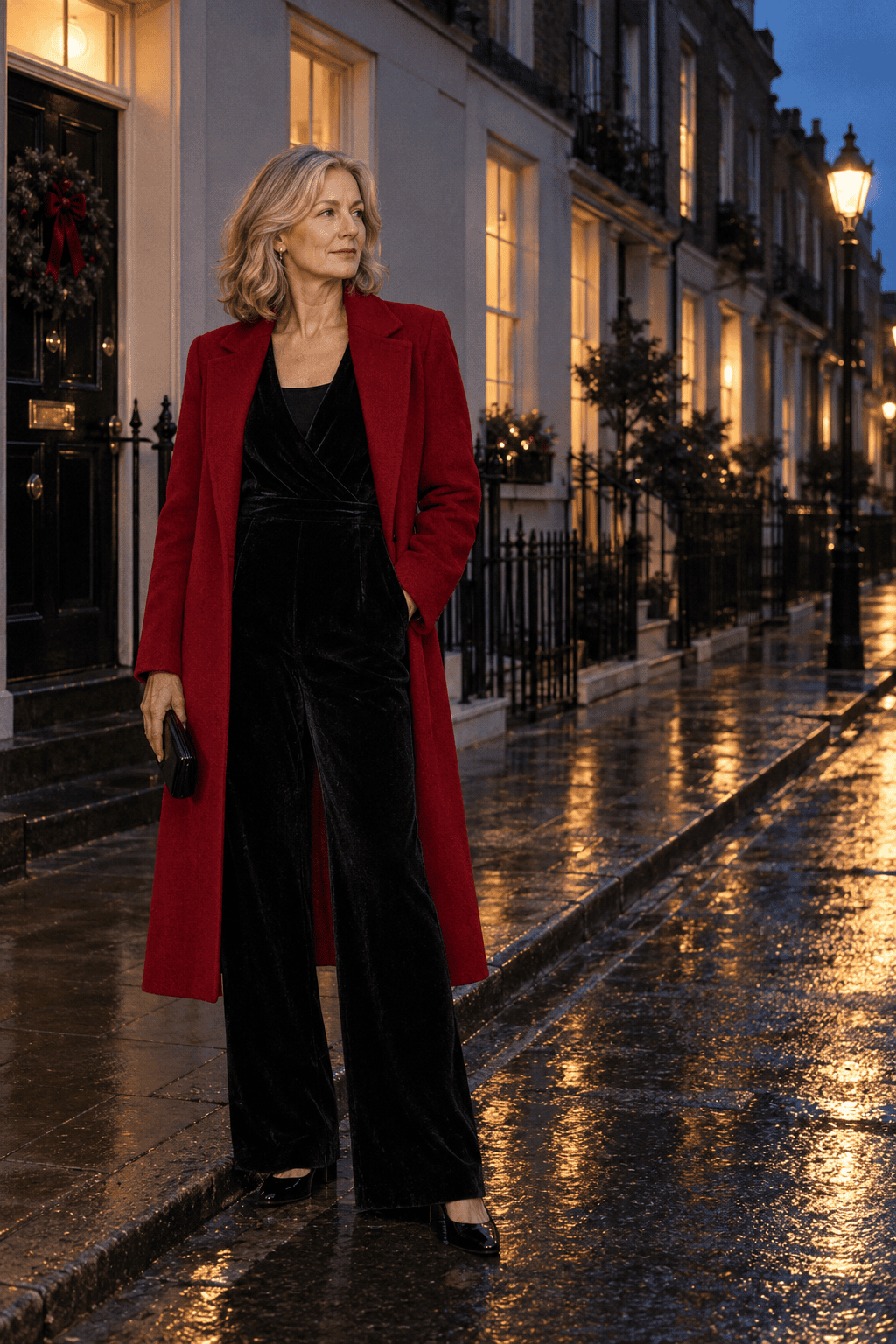 winter wedding guest outfit for women over 50: black velvet wide-leg jumpsuit with sheer dotted sleeves, long crimson red wool coat and black patent pumps