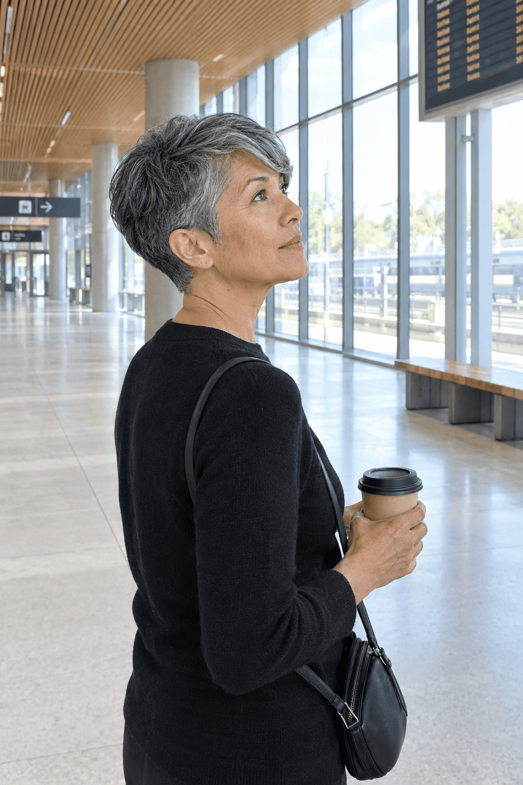 short hairstyles for women over 60: tapered silver crop with length on top and a side-swept fringe