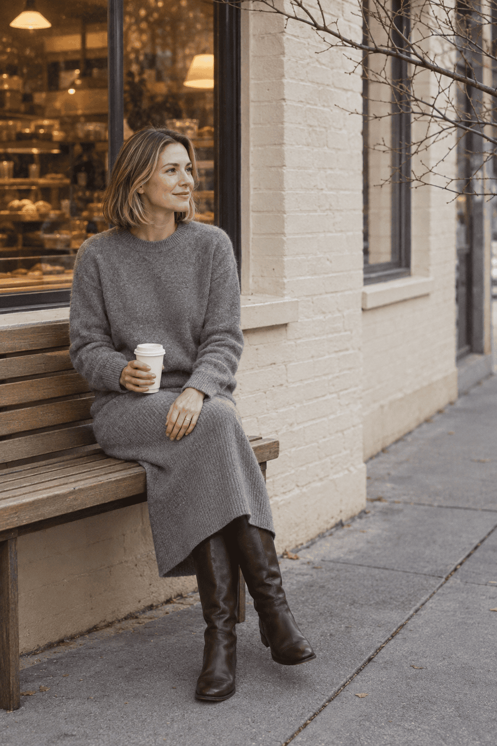 evening conference winter teacher outfit: heather grey cashmere crewneck with a matching ribbed knit midi skirt and dark brown flat knee-high riding boots