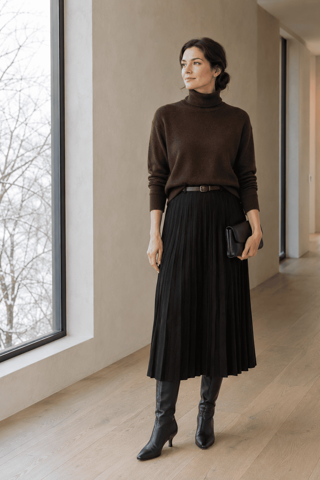 winter color combination that looks expensive, chocolate and black: chocolate brown cashmere turtleneck tucked into a black pleated midi skirt with black leather knee boots