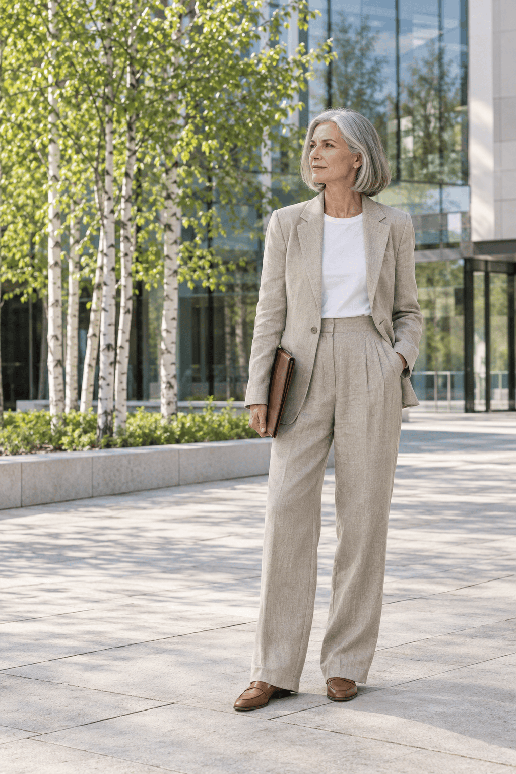 spring outfit for women over 60: stone-coloured flax linen blazer with matching pleated full-length linen trousers and light brown leather penny loafers