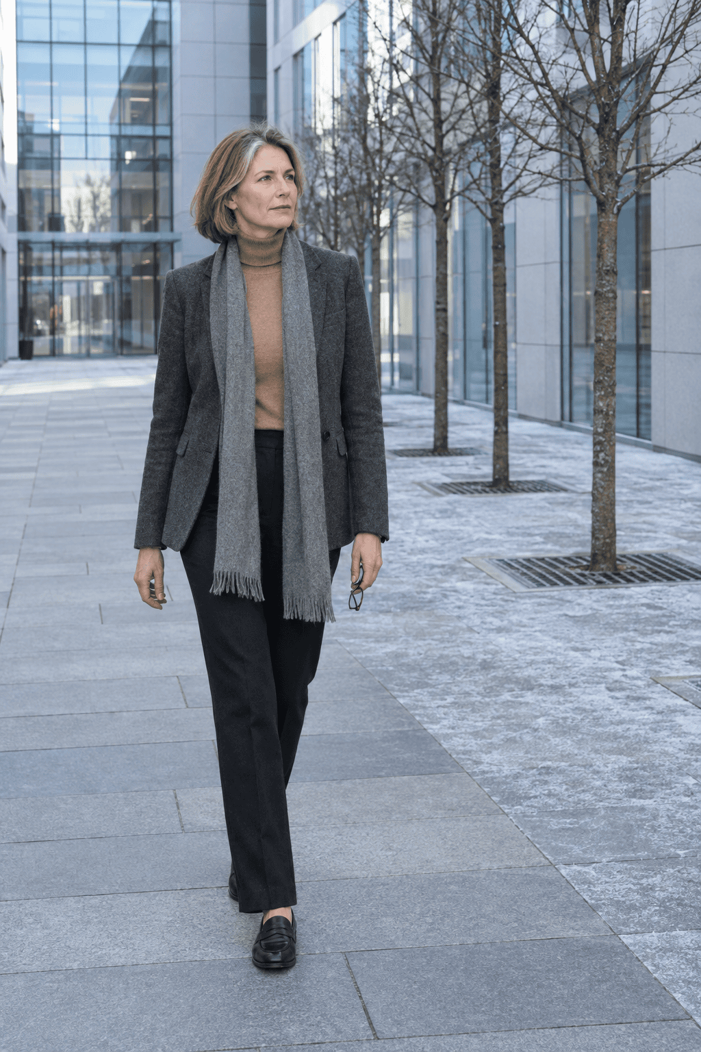 elegant winter outfit for women over 50: charcoal wool blazer over a camel cashmere turtleneck, black straight ponte trousers and black penny loafers