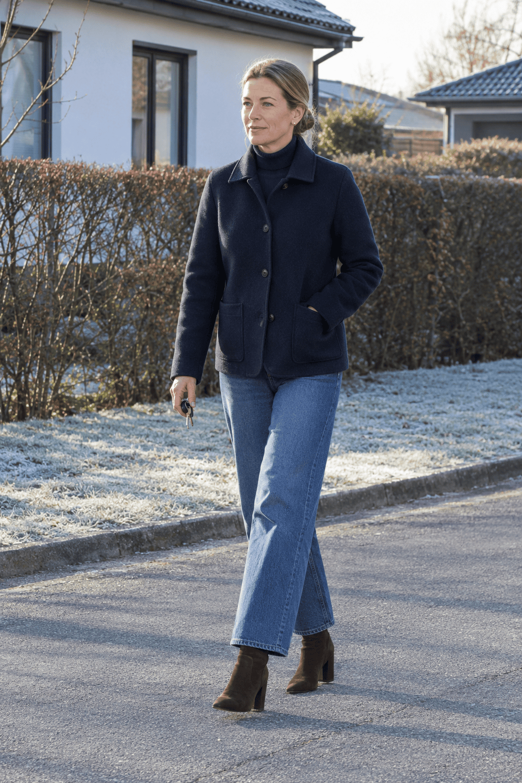 winter outfit for women over 40: navy wool jacket, navy cashmere turtleneck, mid-blue wide-leg jeans and chocolate brown suede ankle boots