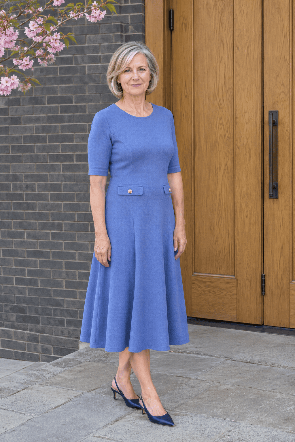 mother of the bride outfit in periwinkle blue: knit fit-and-flare midi dress with elbow-length sleeves and navy kitten-heel slingbacks