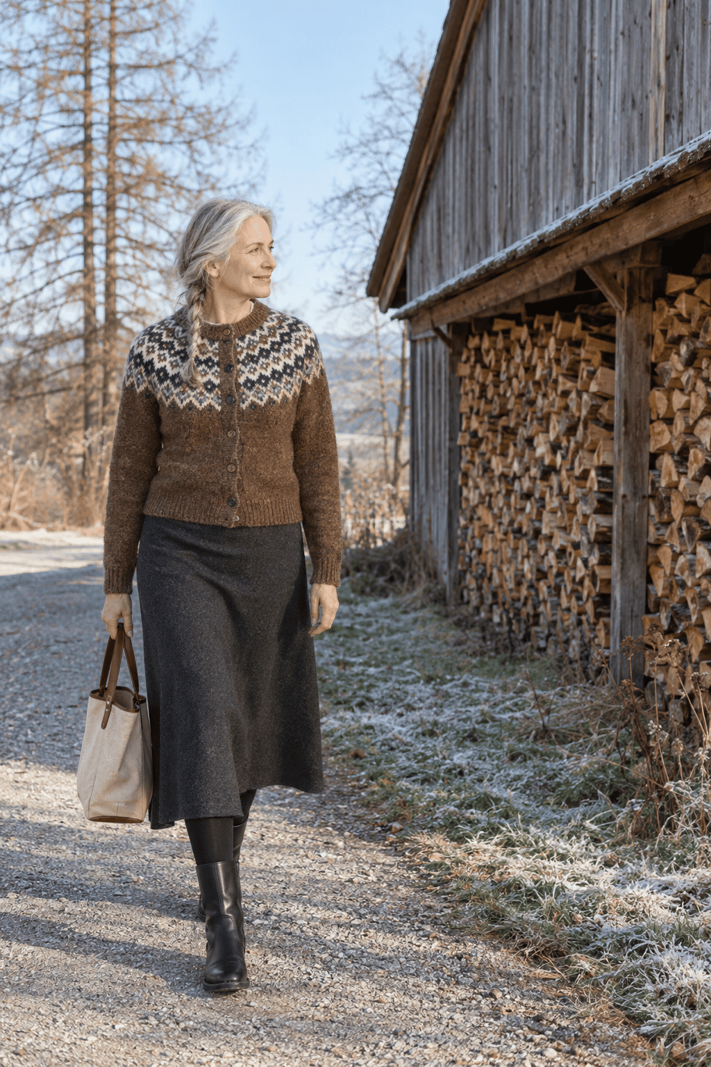 cozy winter outfit for women over 60: brown Fair Isle cardigan buttoned as a sweater, charcoal midi skirt, black tights and black riding boots