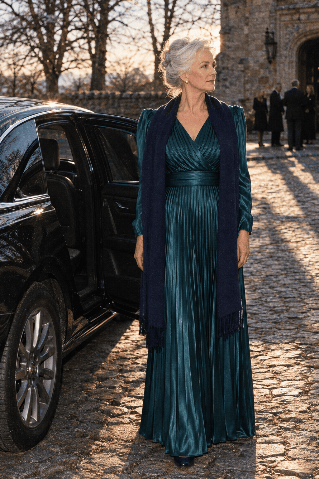 black-tie optional wedding guest outfit for women in their 70s: deep teal pleated satin long-sleeve gown with a faux-wrap neckline, navy cashmere wrap and navy low block-heel pumps