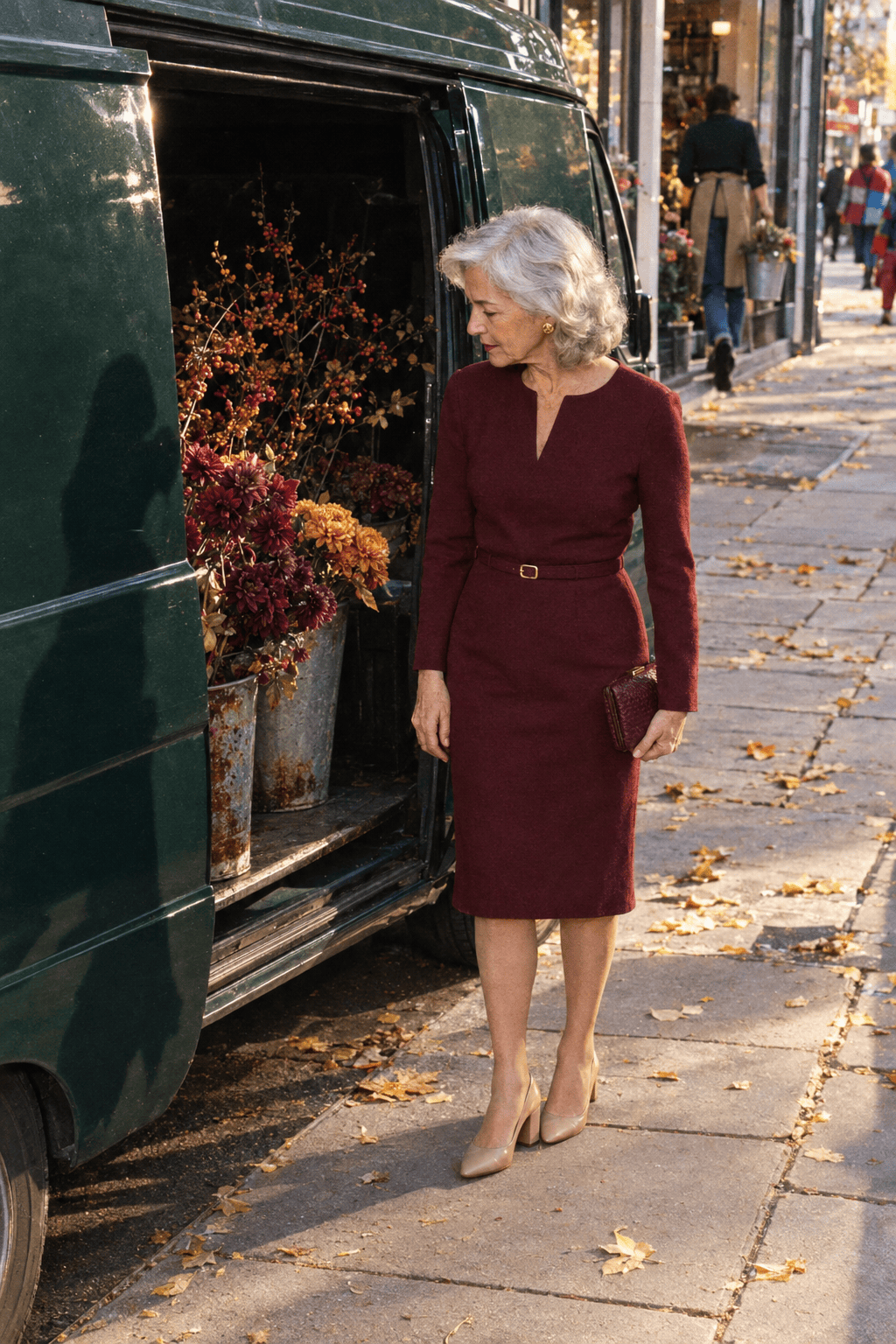 petite party outfit for women in their 70s: oxblood burgundy long-sleeve knee-length sheath dress, sheer tights, nude block-heel pumps and a woven burgundy clutch