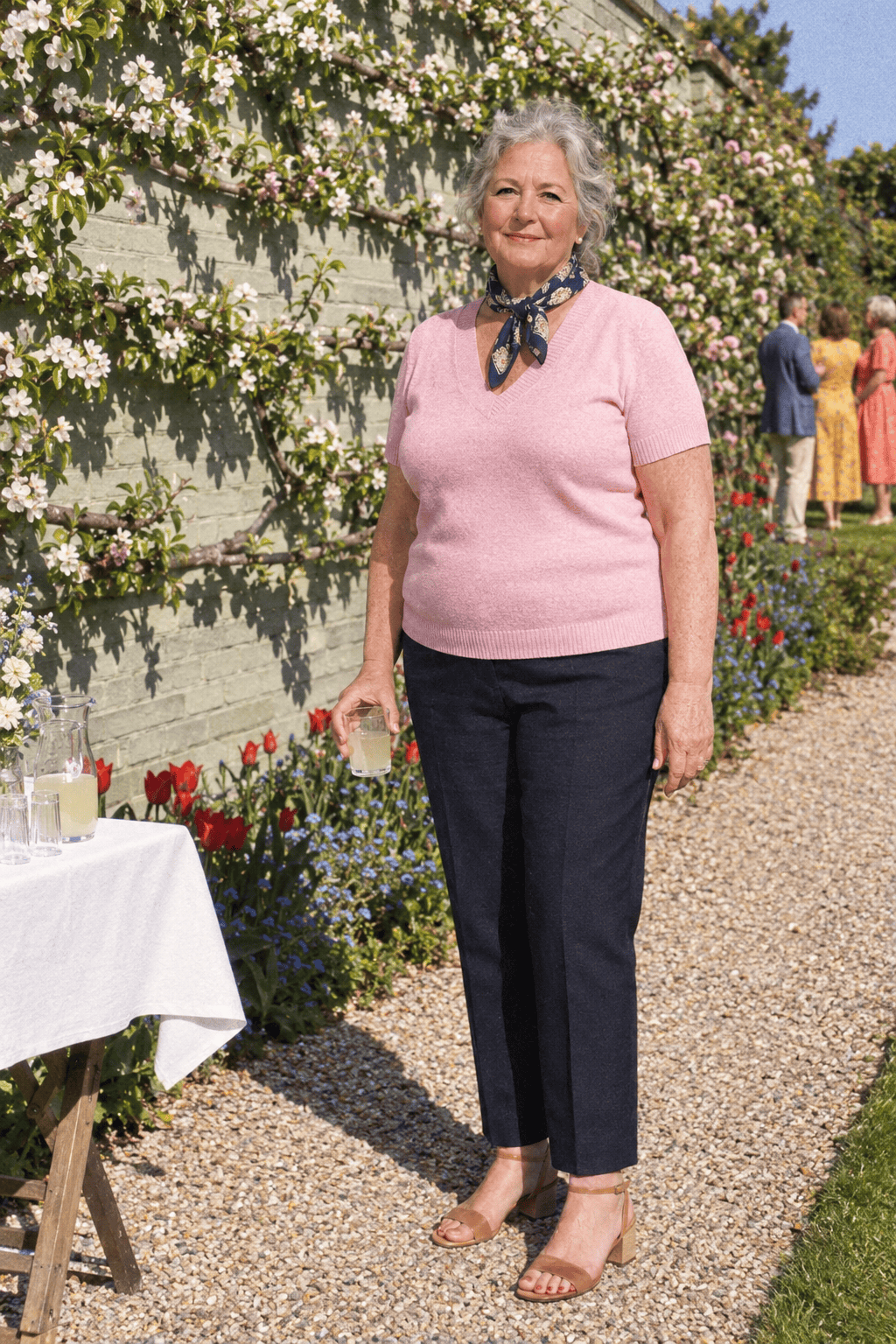 elegant plus size spring outfit for a woman in her 70s: light pink short-sleeve V-neck sweater, navy straight-leg ankle trousers, tan block-heel sandals and a navy paisley silk scarf