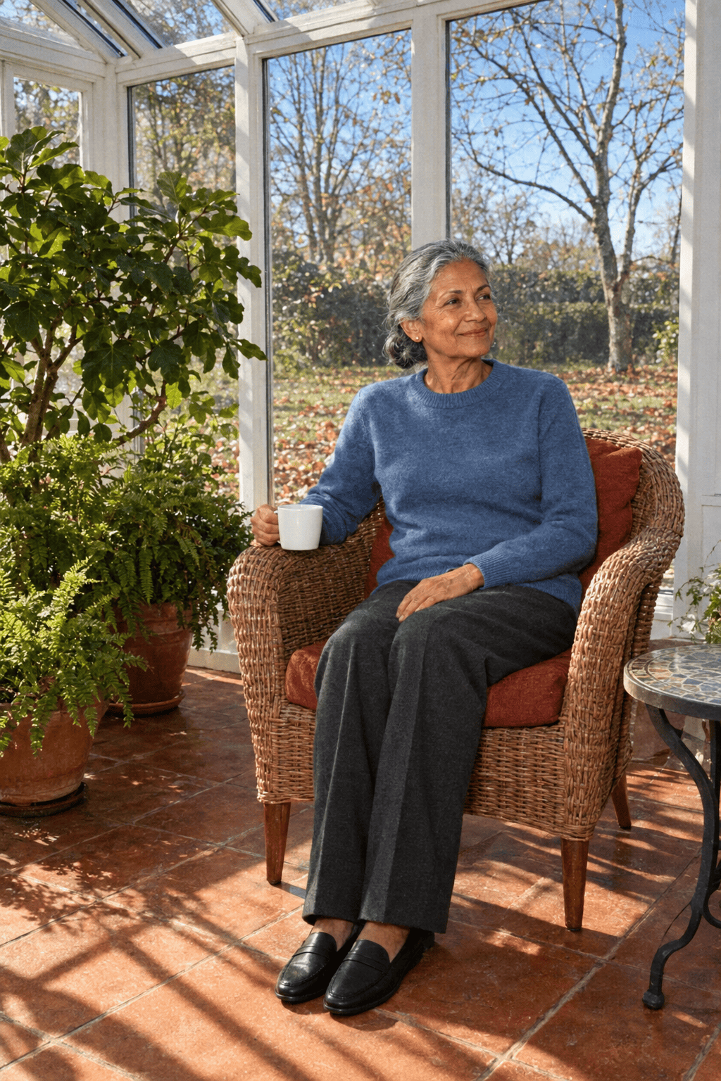 affordable elegant family dinner outfit for a woman in her 70s: denim-blue cashmere crewneck, dark gray cotton flannel pull-on trousers and black leather loafers