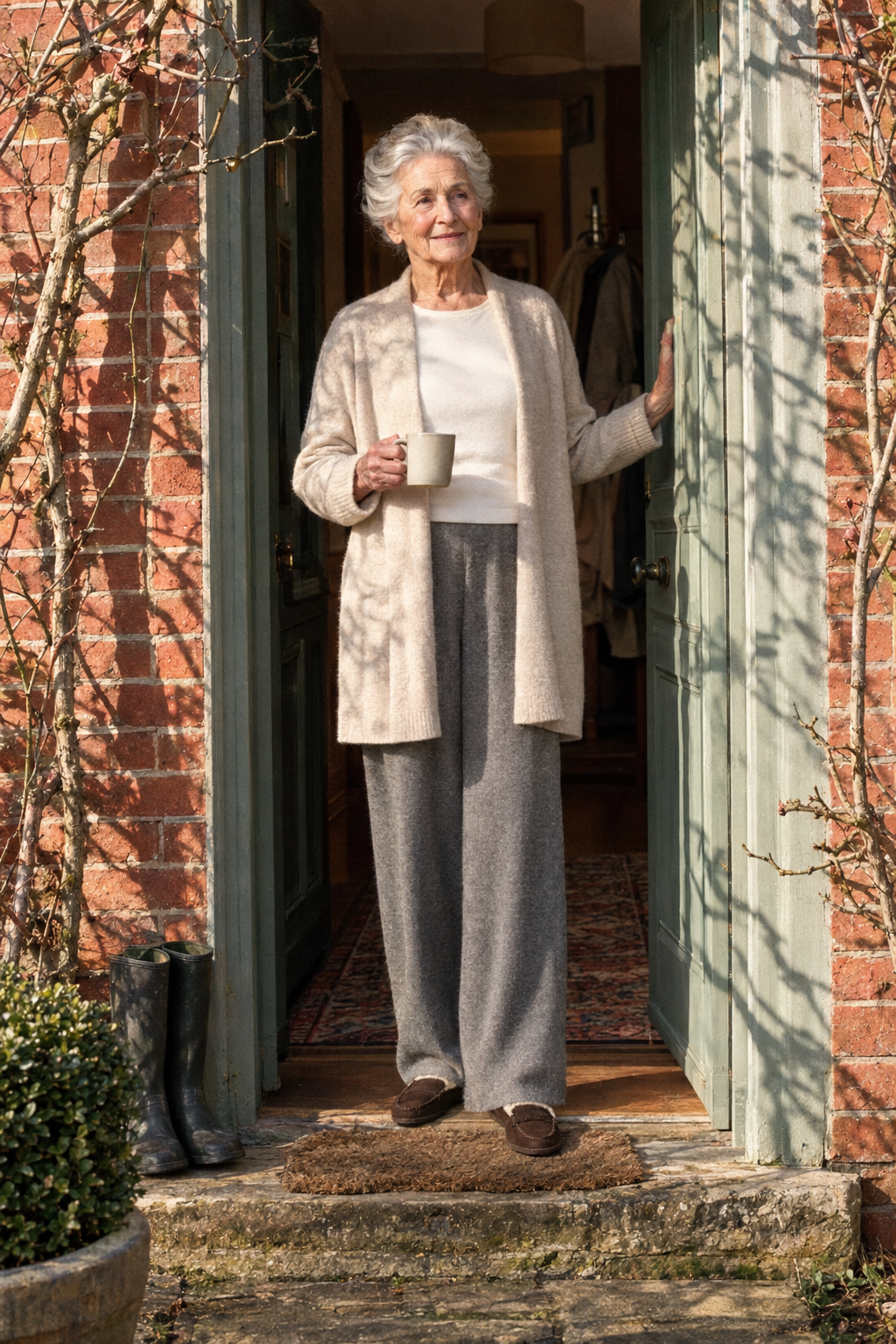 elegant at-home hosting outfit for a woman in her 80s: oatmeal open-front cashmere duster cardigan, grey wide-leg cashmere trousers and chocolate suede shearling-lined loafers