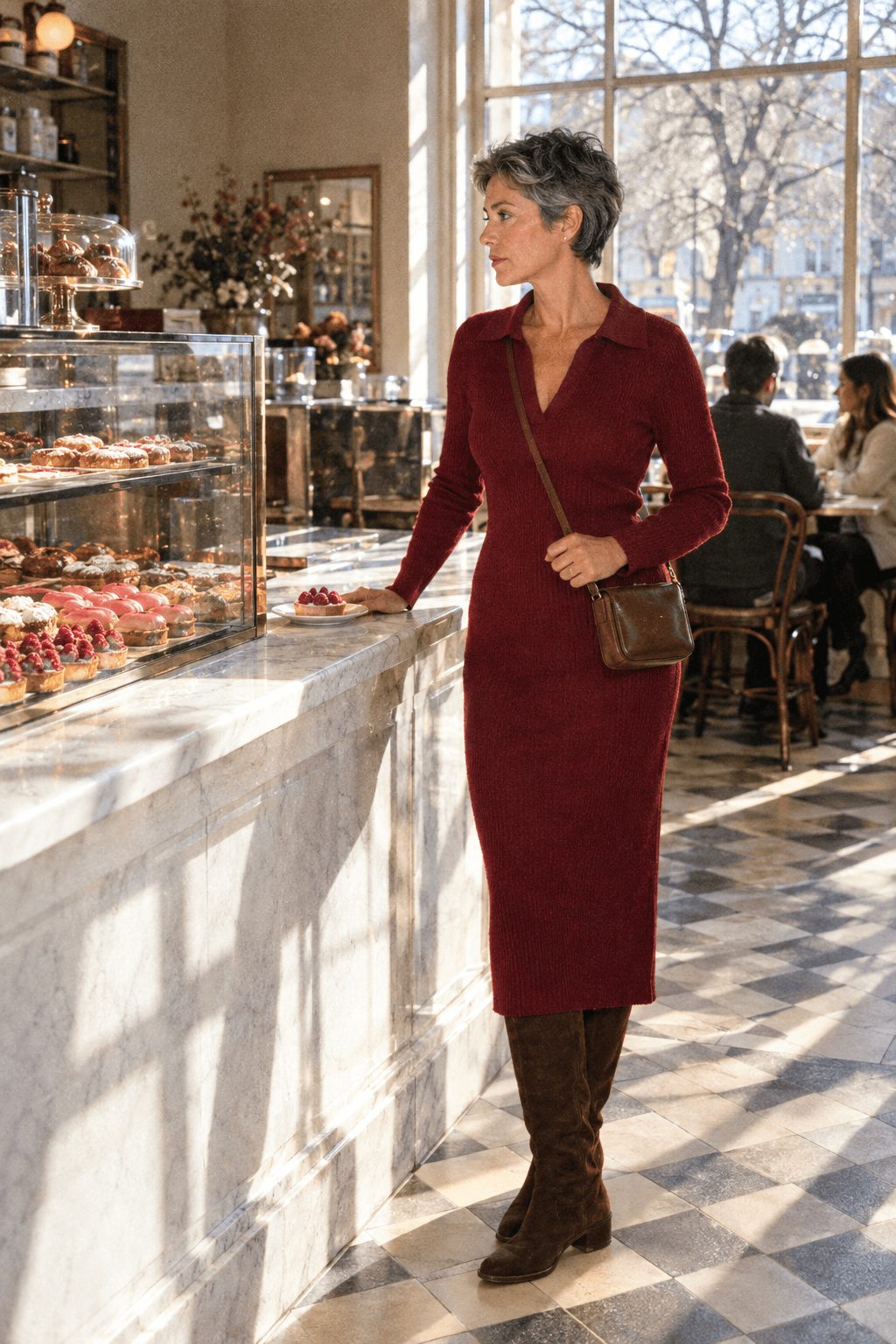 casual red dress outfit for a daytime Valentine's date: long wine knitted polo dress with dark espresso suede knee boots