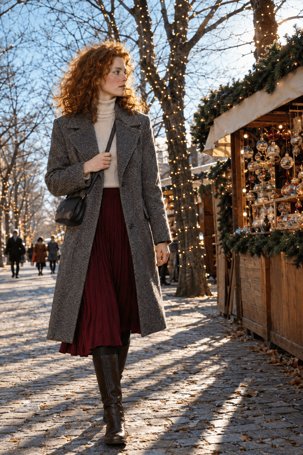 christmas market outfit with a grey herringbone wool coat, dark cherry pleated midi skirt, black lined tights and dark brown riding boots