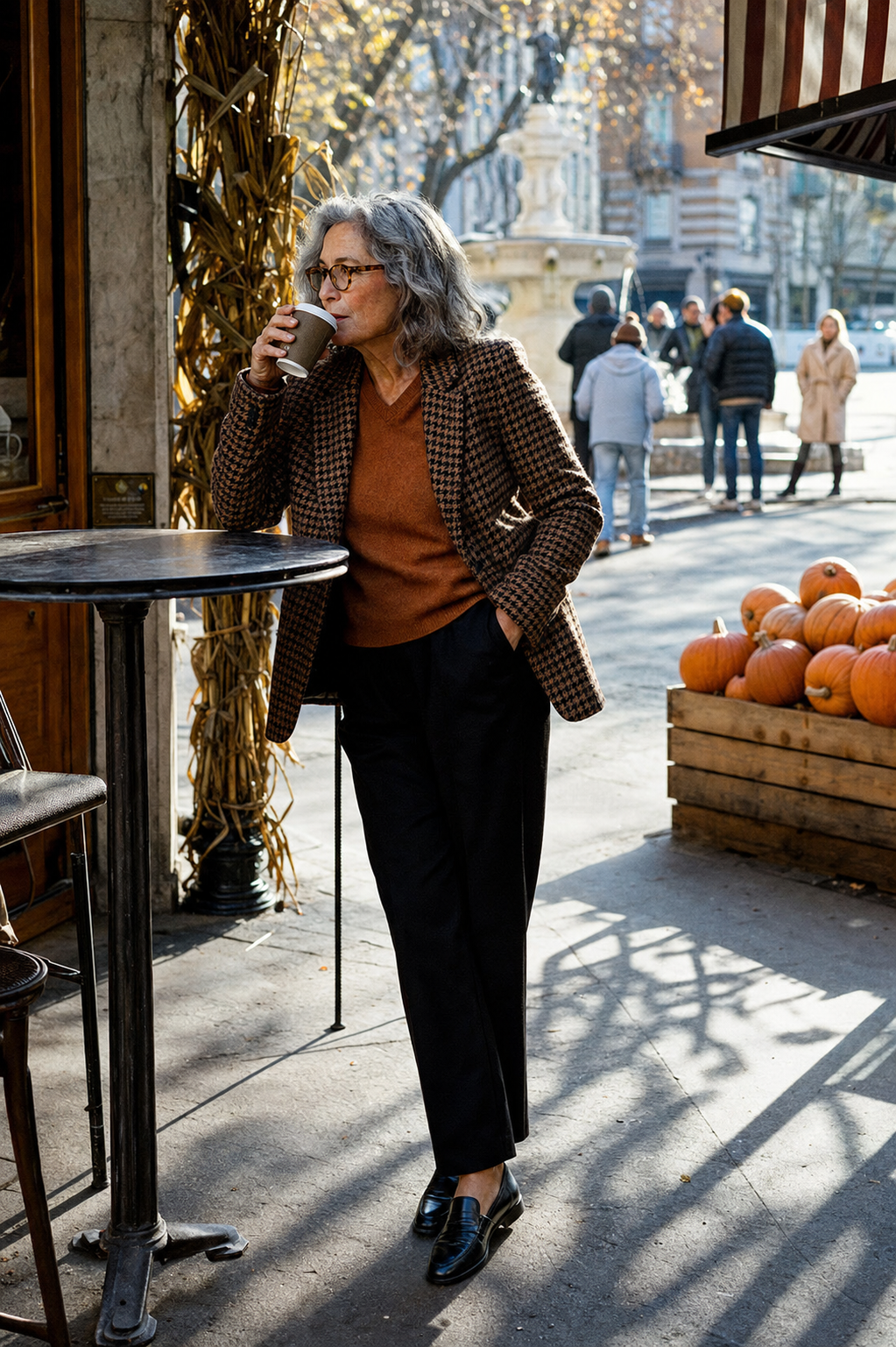 elegant thanksgiving outfit for women over 60: brown houndstooth blazer, ginger cashmere v-neck and black trousers