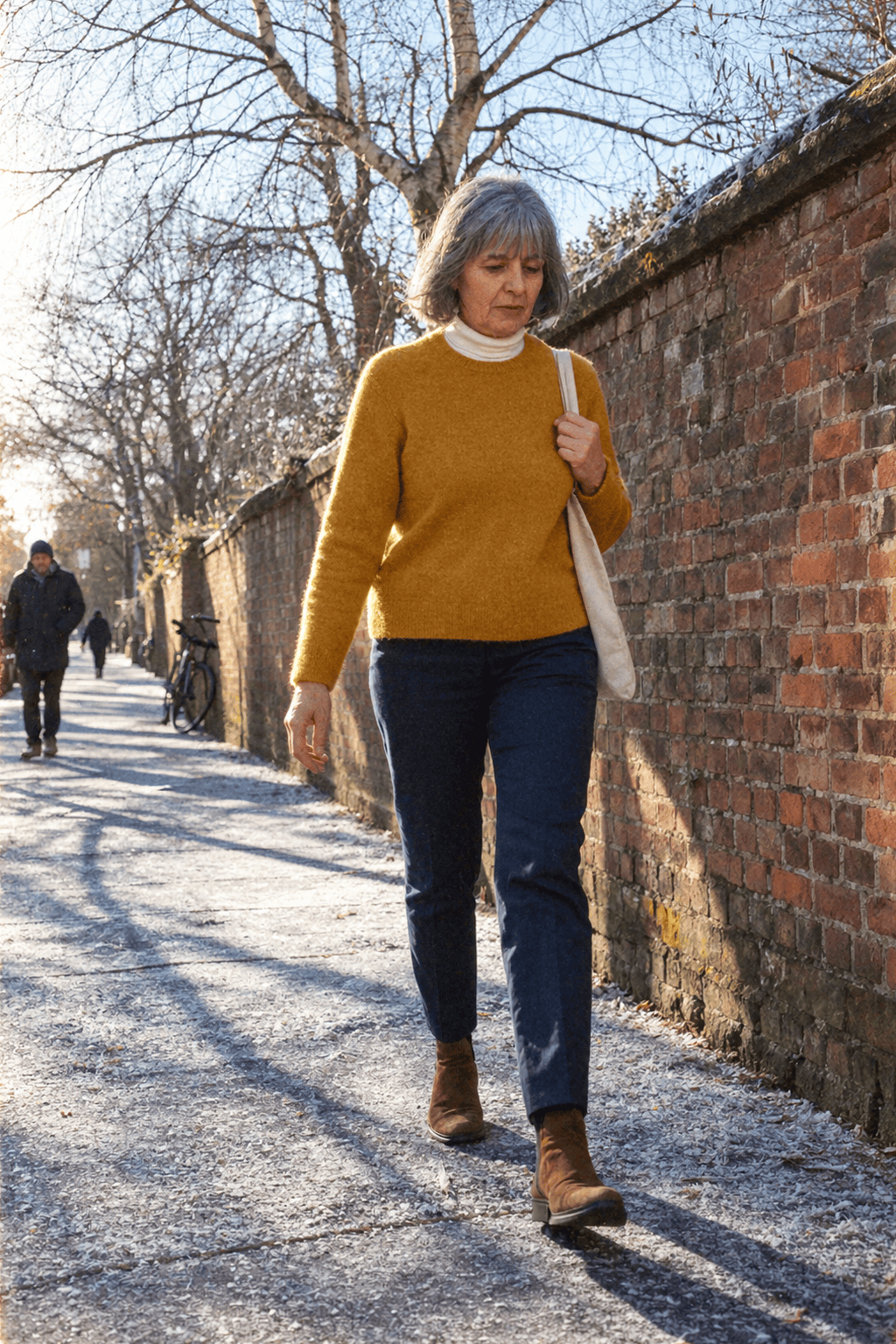 winter outfits for women over 60: mustard yellow cashmere crew sweater, winter white ribbed turtleneck, navy wool ankle pants and tobacco chelsea boots