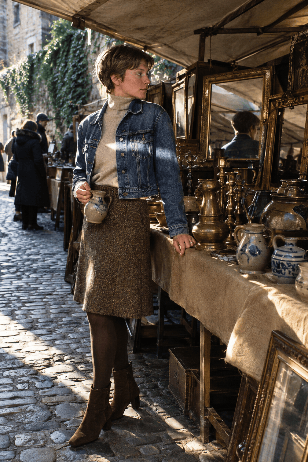 casual winter outfit: cropped medium indigo denim jacket, beige cashmere turtleneck, brown woodland tweed skirt and coffee suede heeled ankle boots