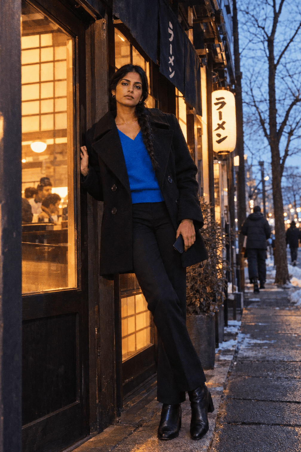 winter date night outfit: bright blue cashmere V-neck sweater with straight black trousers, heeled black ankle booties and a black peacoat